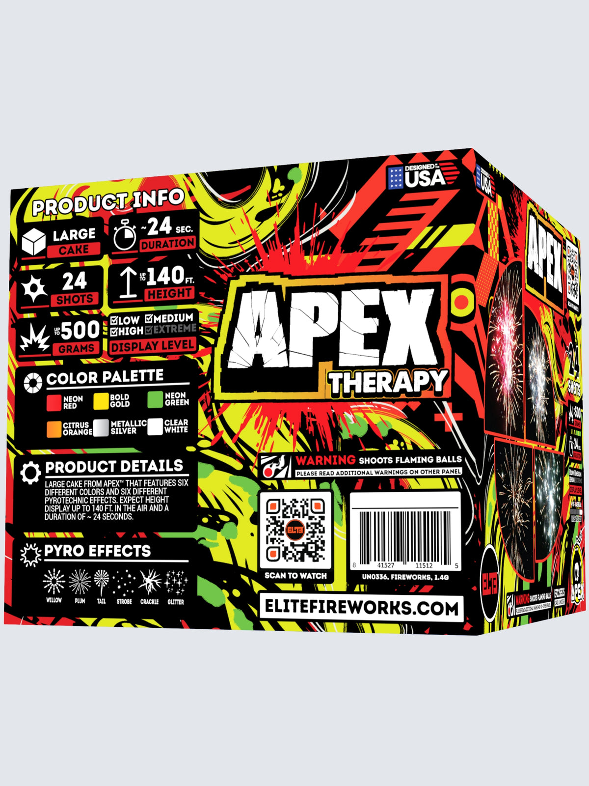Unit of Apex Therapy large cake fireworks. Packaging shows a splatter of red and yellow colors.