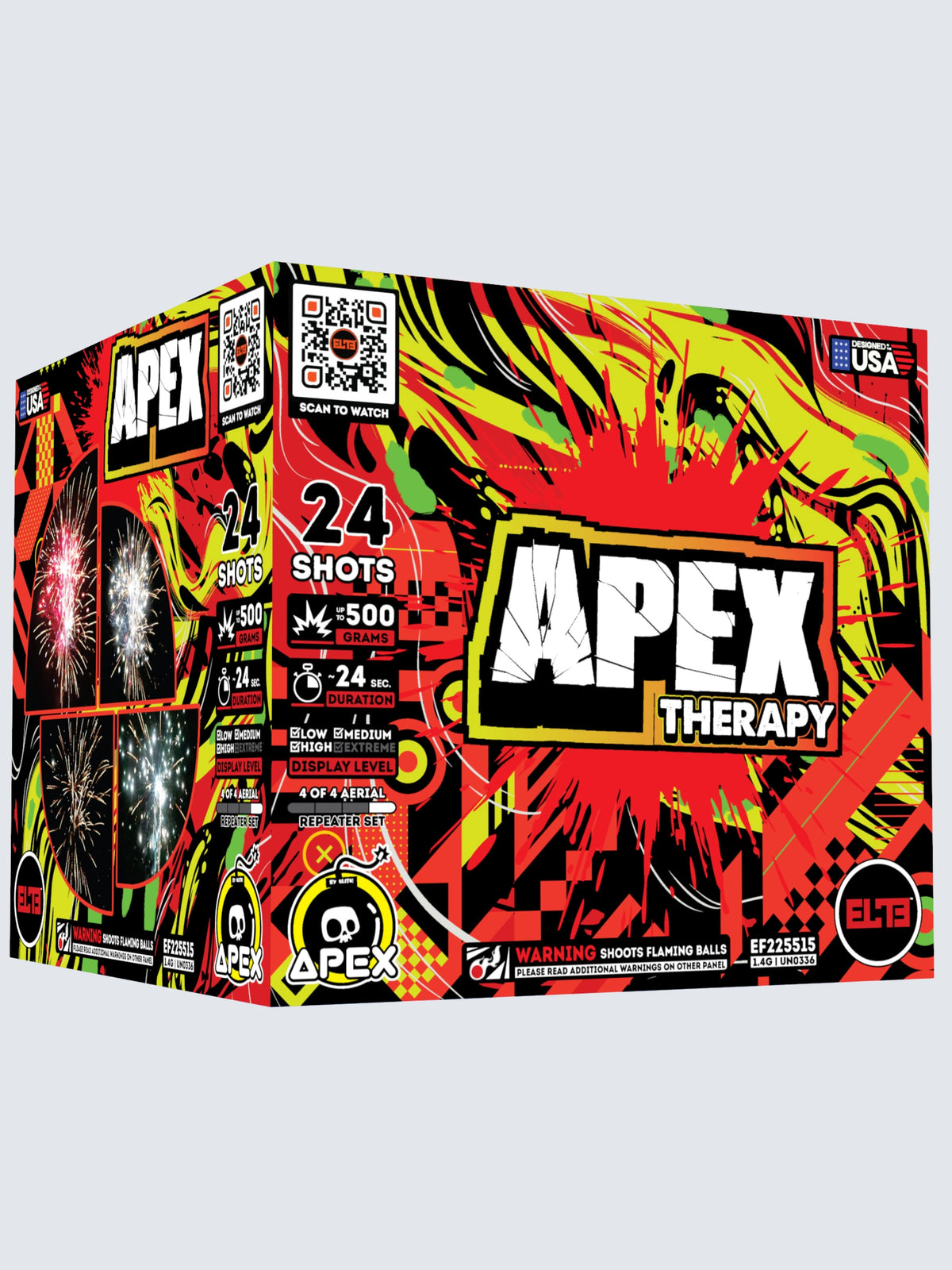 Unit of Apex Therapy large cake fireworks. Packaging shows a splatter of red and yellow colors.
