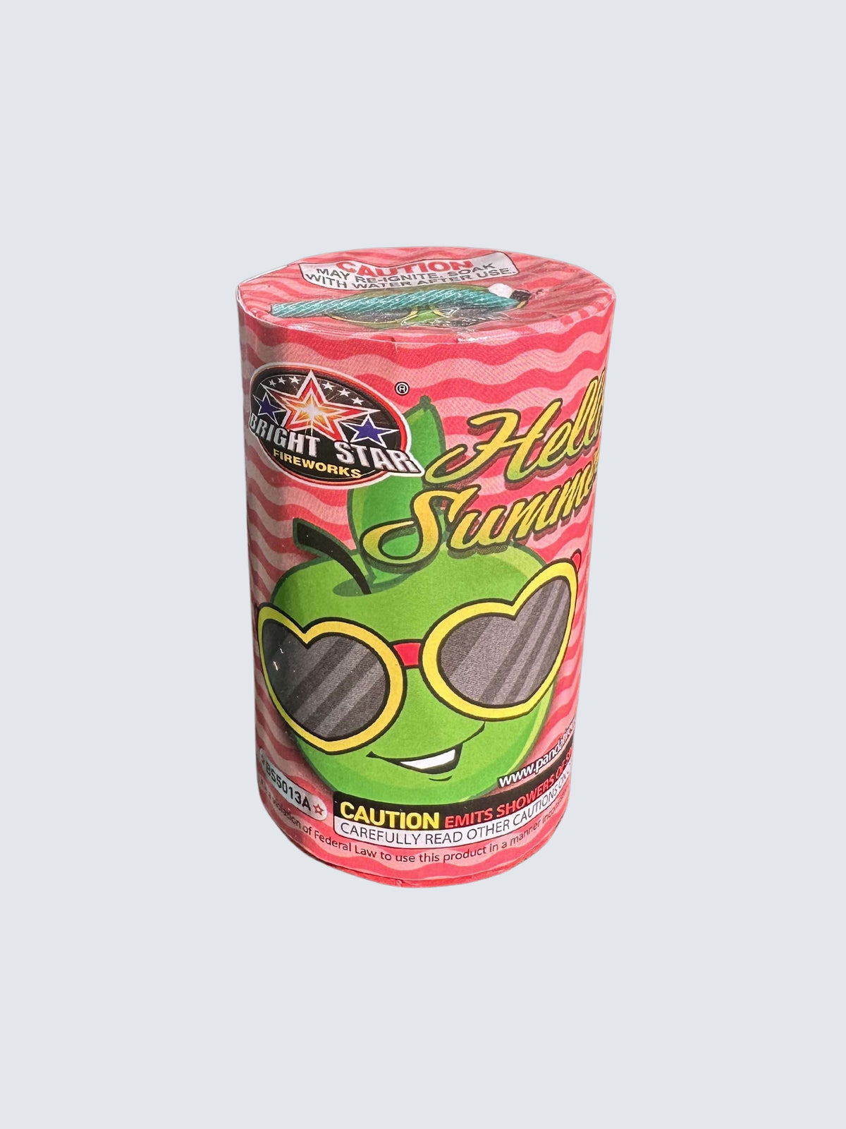 Hello Summer fountain by Bright Star Fireworks with a smiling green apple wearing heart sunglasses on pink packaging.