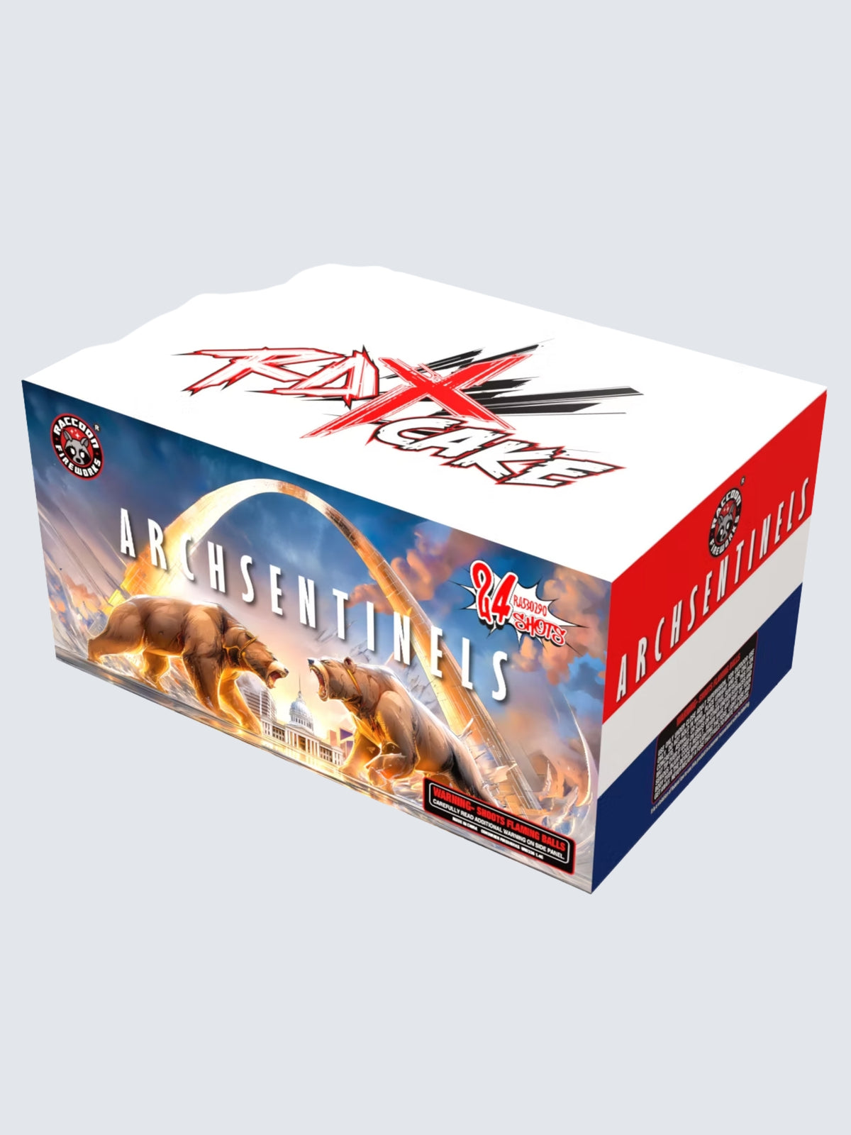Unit of Archsentinels large cake fireworks. Includes 24 shots. Packaging shows two bears furiously fighting in front of a giant arch.