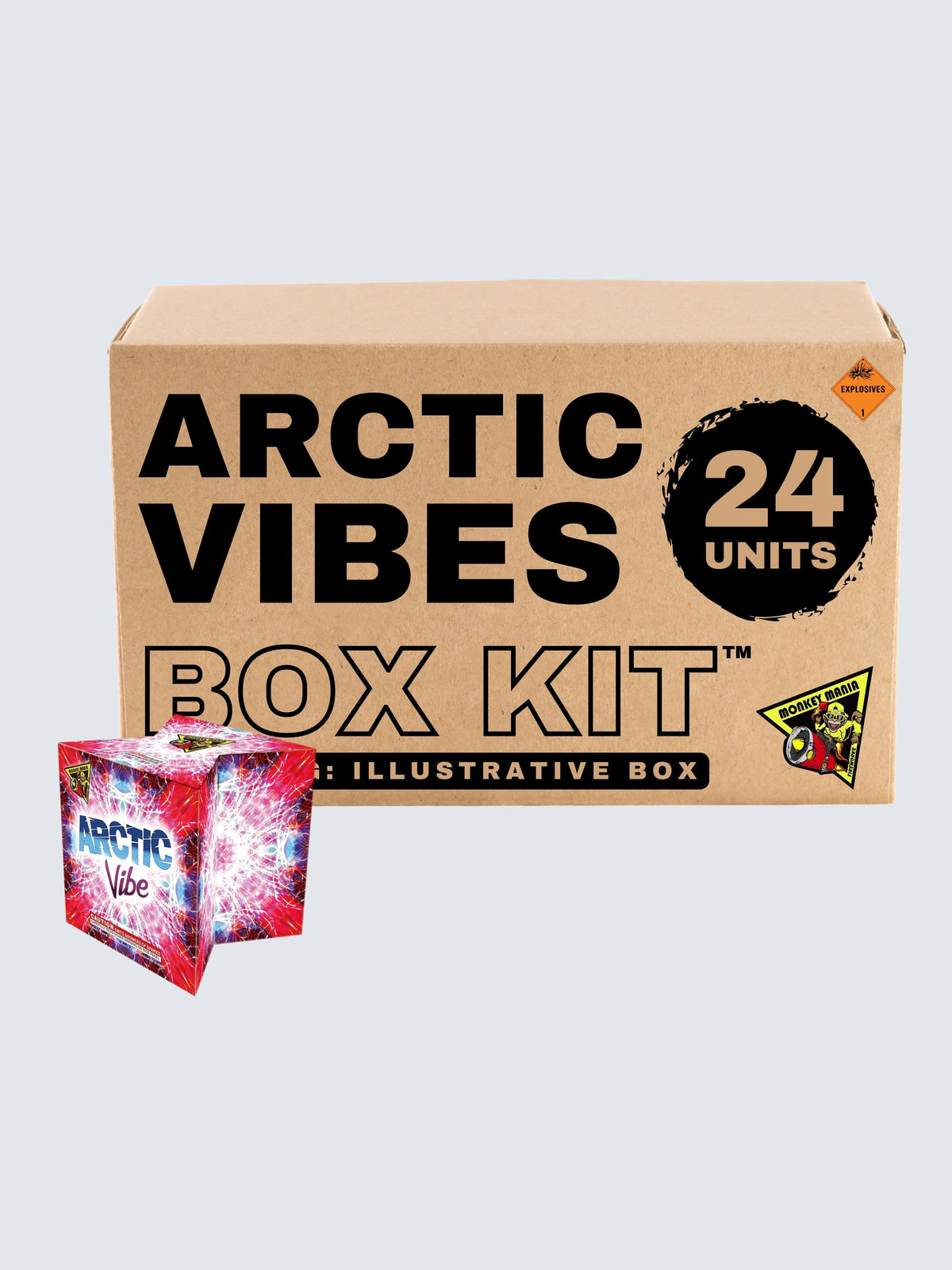 Box kit of arctic Vibes, including 24 units of fountain fireworks. 