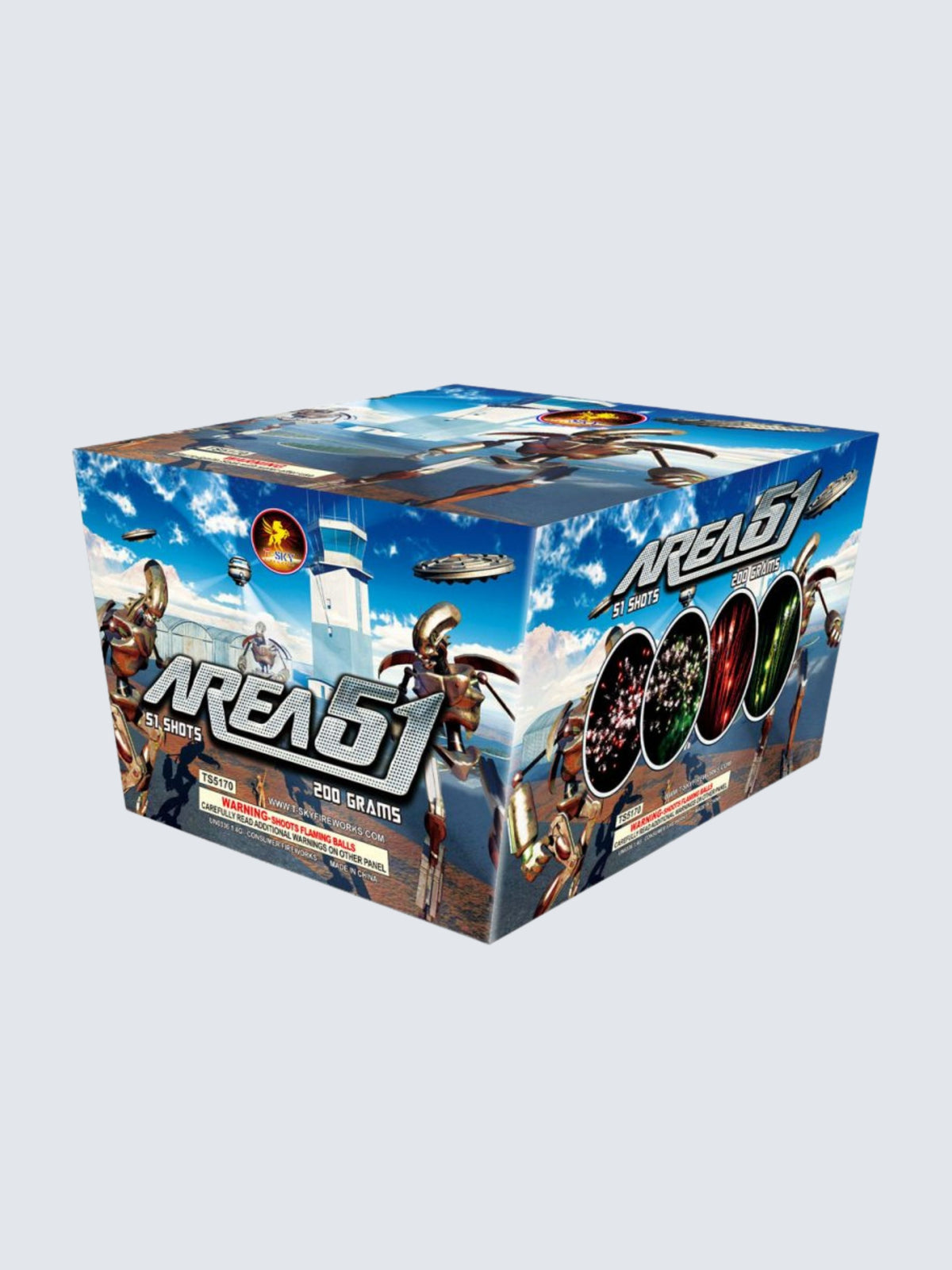 A unit of Area 51 firework cake. The art features futuristic landscapes and aliens.