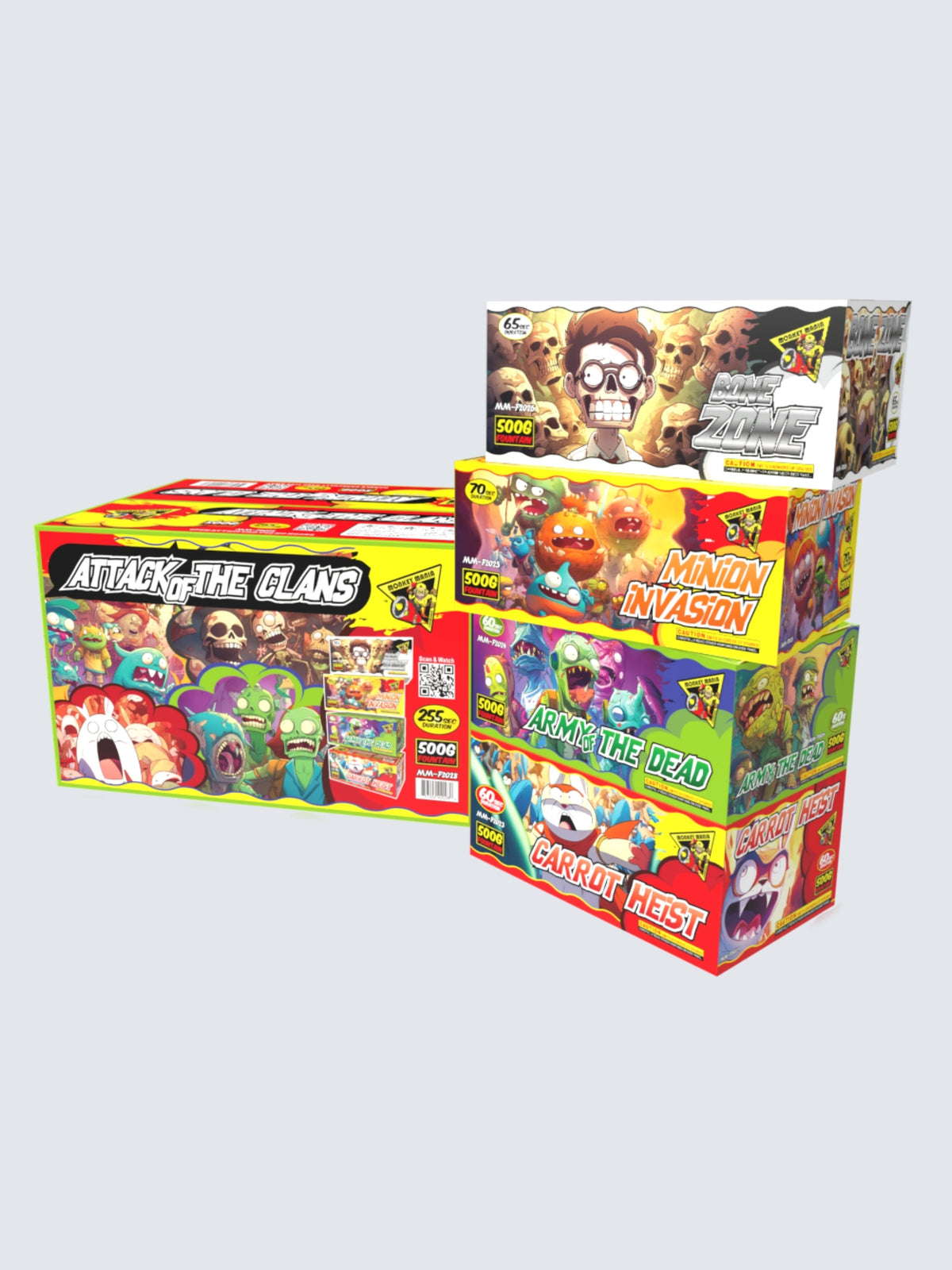 Attack the Clans 500G fountain fireworks box kit featuring Bone Zone, Minion Invasion, Army of the Dead and Carrot Heist cakes