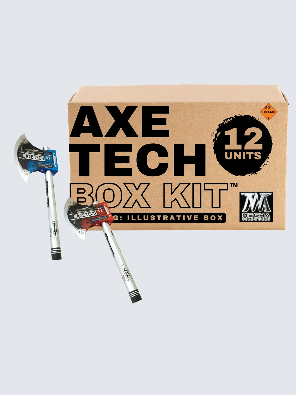 Axe Tech 12-unit box kit by Mecha Fireworks featuring axe-shaped novelty fireworks with red and blue designs.