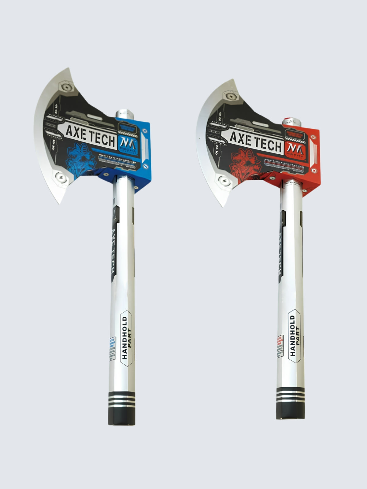 Axe Tech axe-shaped novelty fireworks by Mecha Fireworks featuring long white handles with blue and red designs.