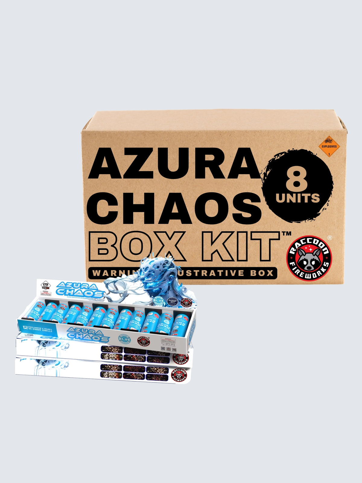 Azura Chaos artillery shell fireworks box kit by Raccoon Fireworks, 8 units with blue canister shells and icy alien artwork.
