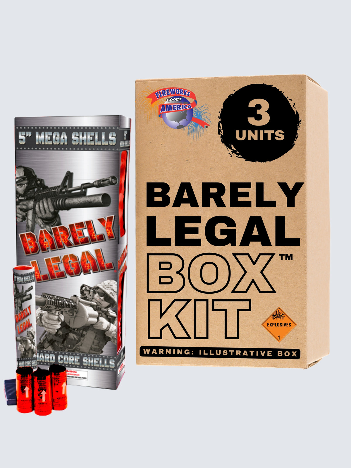 Box kit of Barely Legal shell fireworks. Includes 3 units.