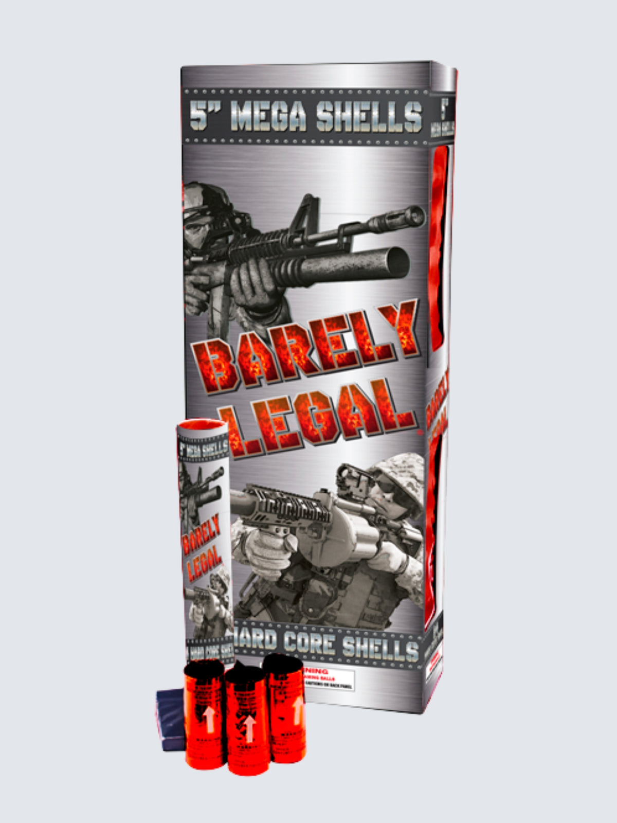 Unit of Barely Legal shell fireworks. Featuring 5" shells, packaging shows military tactical guns.