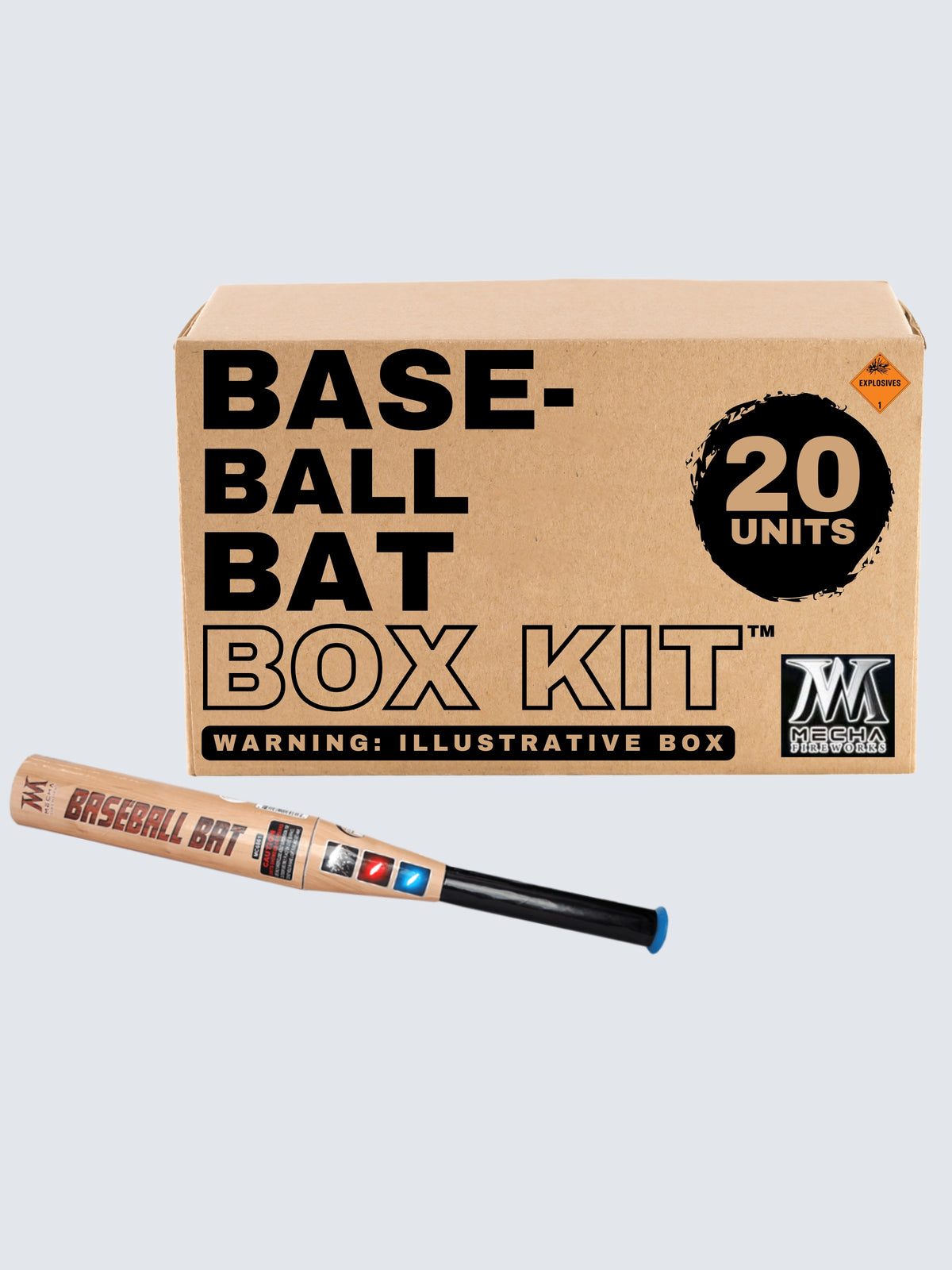 Baseball Bat novelty firework by Mecha Fireworks featuring realistic wood-grain bat artwork with red, blue, and silver effect graphics.