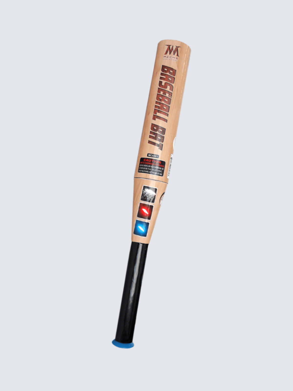 Baseball Bat novelty firework by Mecha Fireworks featuring realistic wood-grain bat artwork with red, blue, and silver effect graphics.