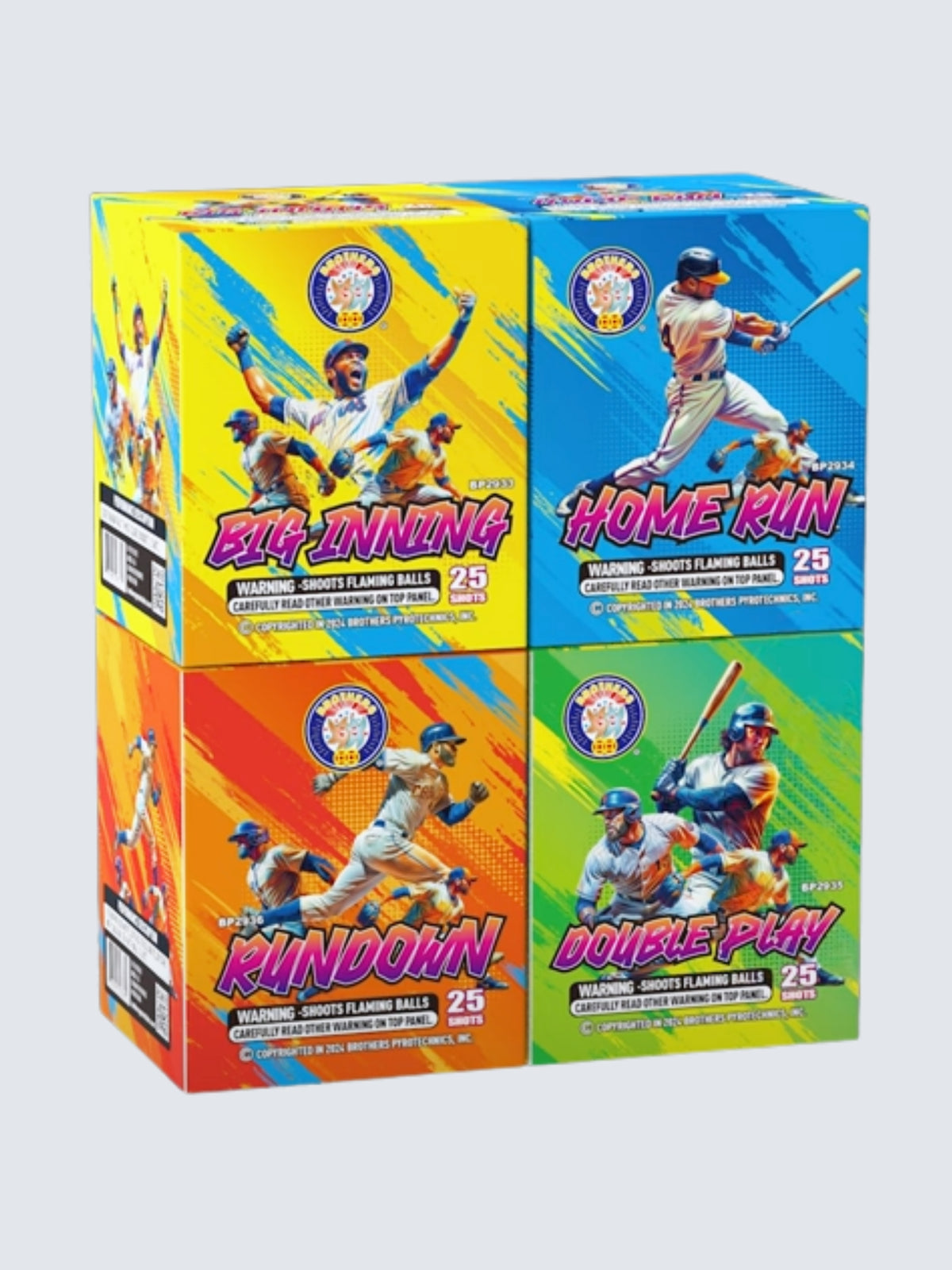 Baseball Blowout sleeve kit by Brothers Fireworks, featuring four 25-shot aerial repeaters with colorful baseball player artwork.