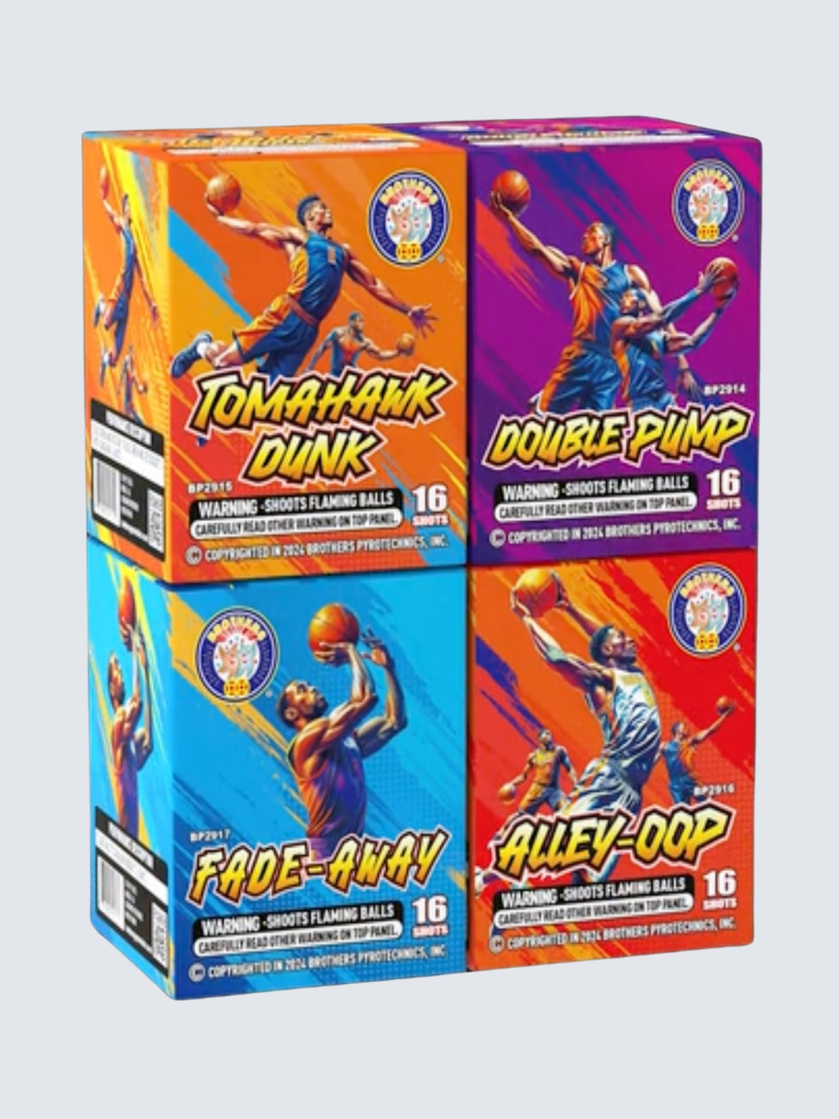 Basketball Blast sleeve kit by Brothers Fireworks, featuring four 16-shot aerial repeaters with colorful basketball player artwork.
