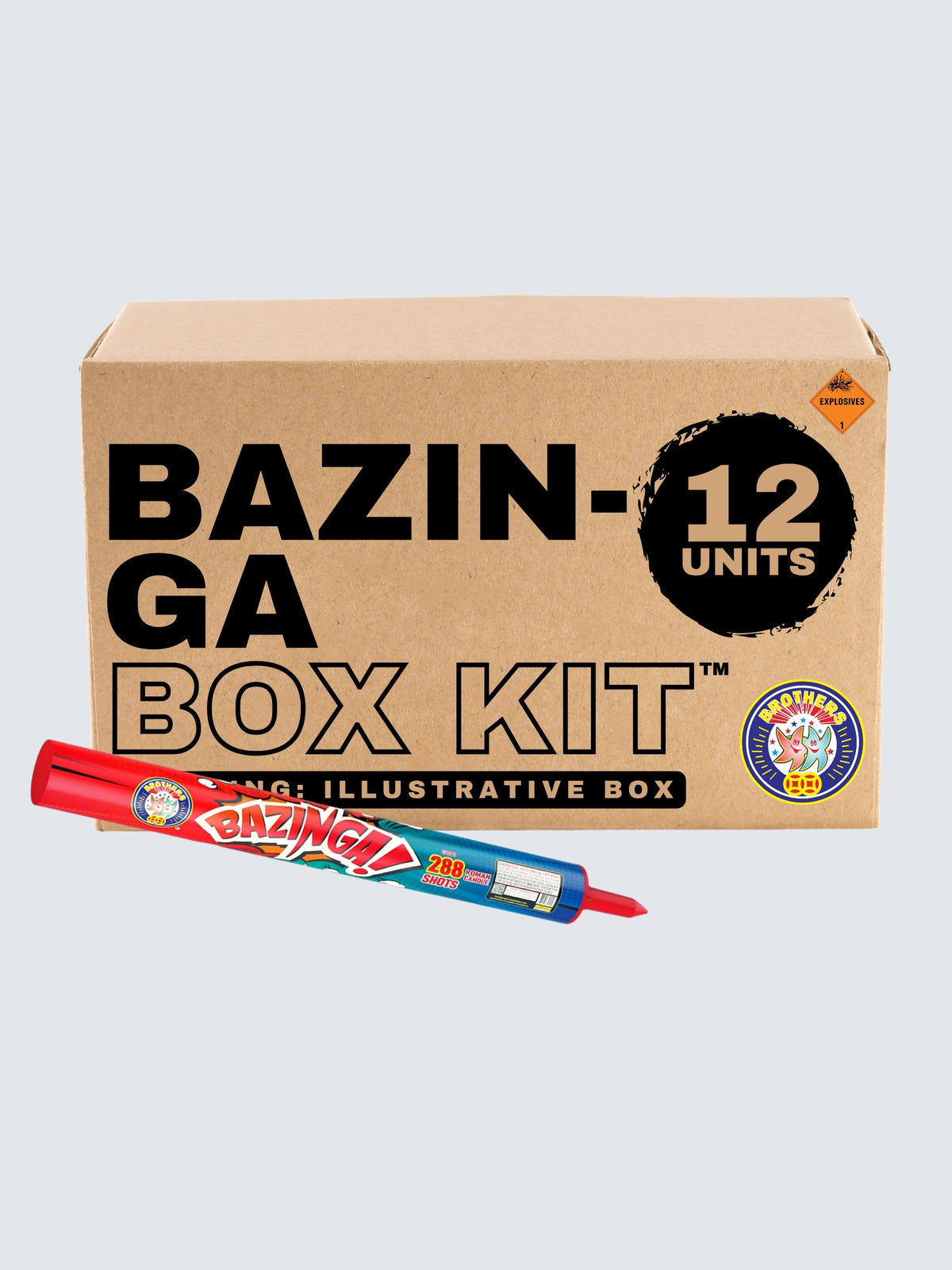 Bazinga 288-shot barrage candle box kit by Brothers Fireworks with 12 units and red and blue tube packaging.