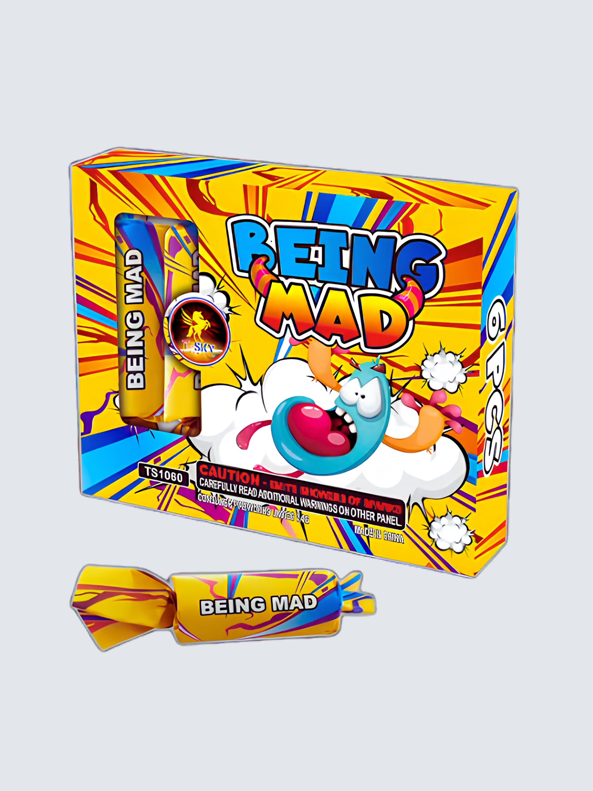 Being Mad novelty fireworks by T-Sky Fireworks, featuring bright yellow and blue comic-style packaging with a crazy cartoon character.
