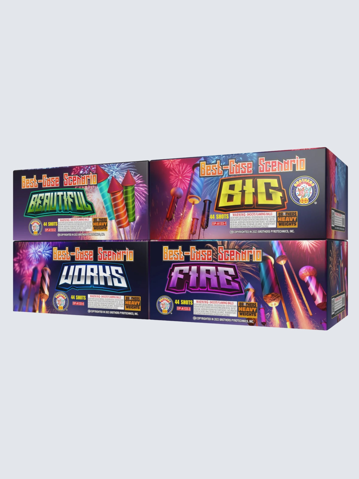 Best-Case Scenario 176-shot aerial repeater sleeve kit by Brothers Fireworks, featuring four 44-shot cakes with colorful fireworks artwork.