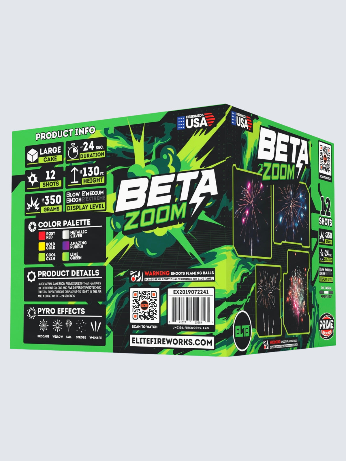 Unit of Beta Zoom large cake fireworks, includes 12 shots. Packaging shows green patterns.