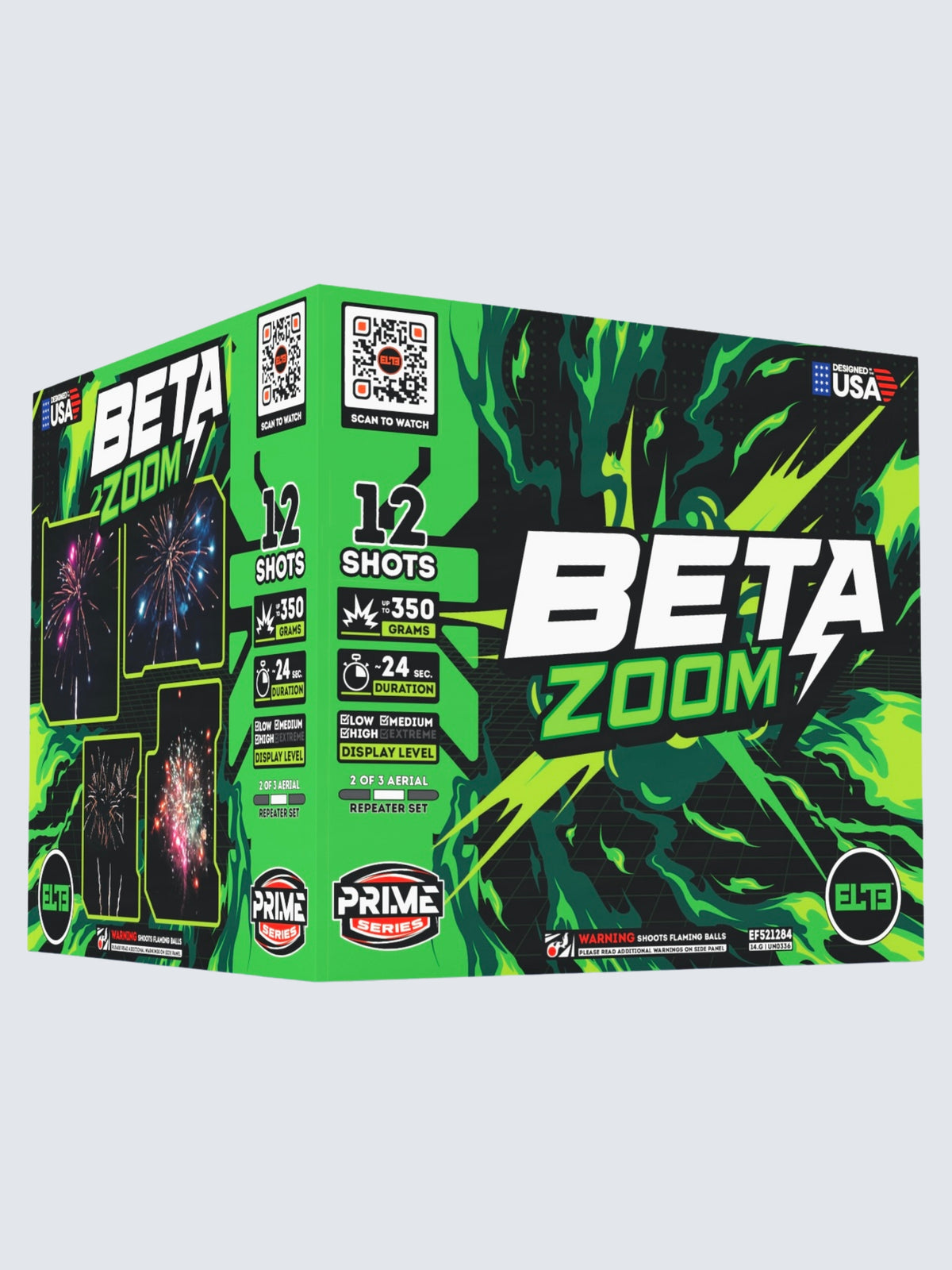 Unit of Beta Zoom large cake fireworks, includes 12 shots. Packaging shows green patterns.