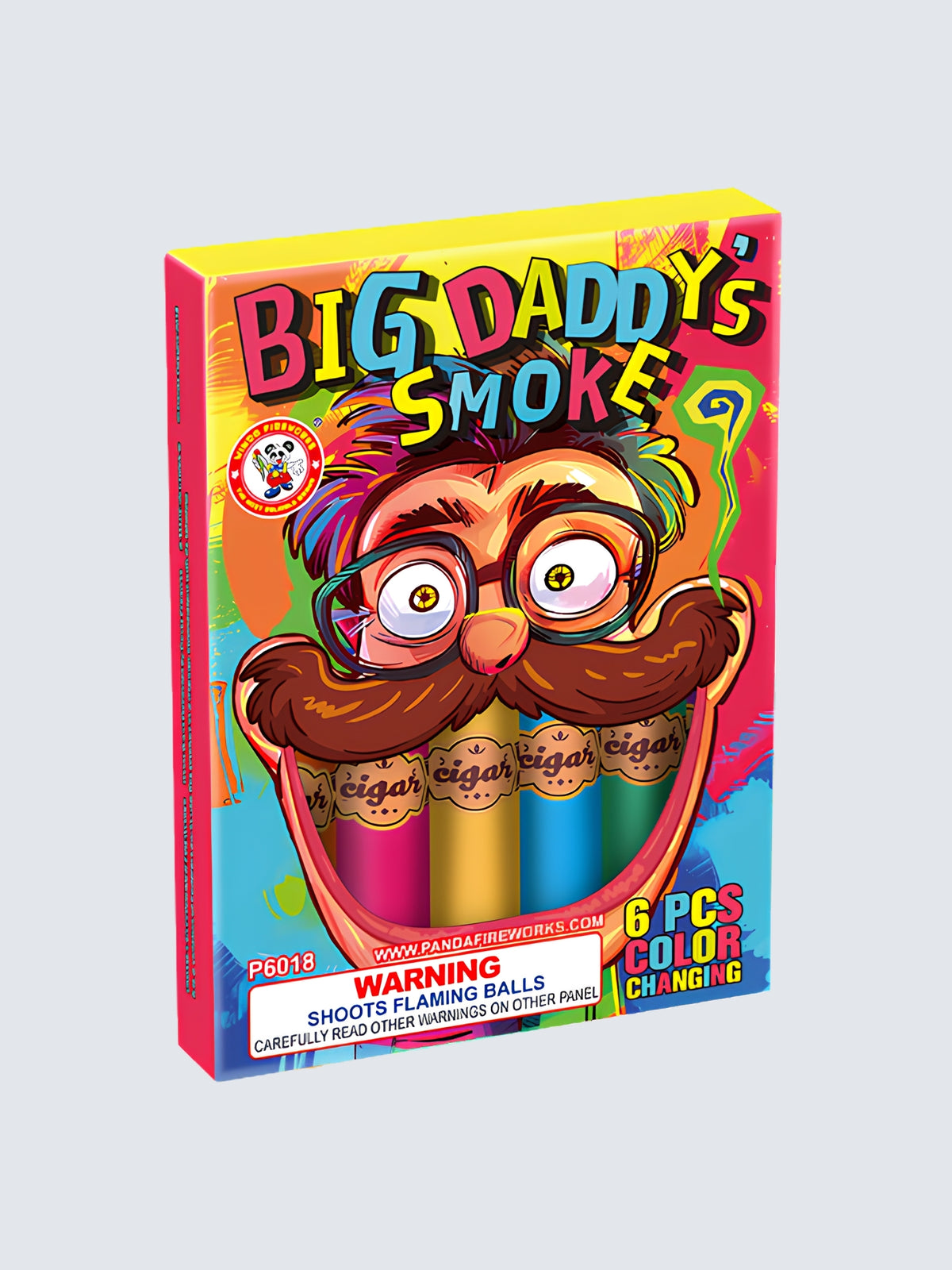 Big Daddy’s Smoke 6-piece color-changing smoke fireworks by Winda Fireworks with vibrant cartoon cigar character artwork.