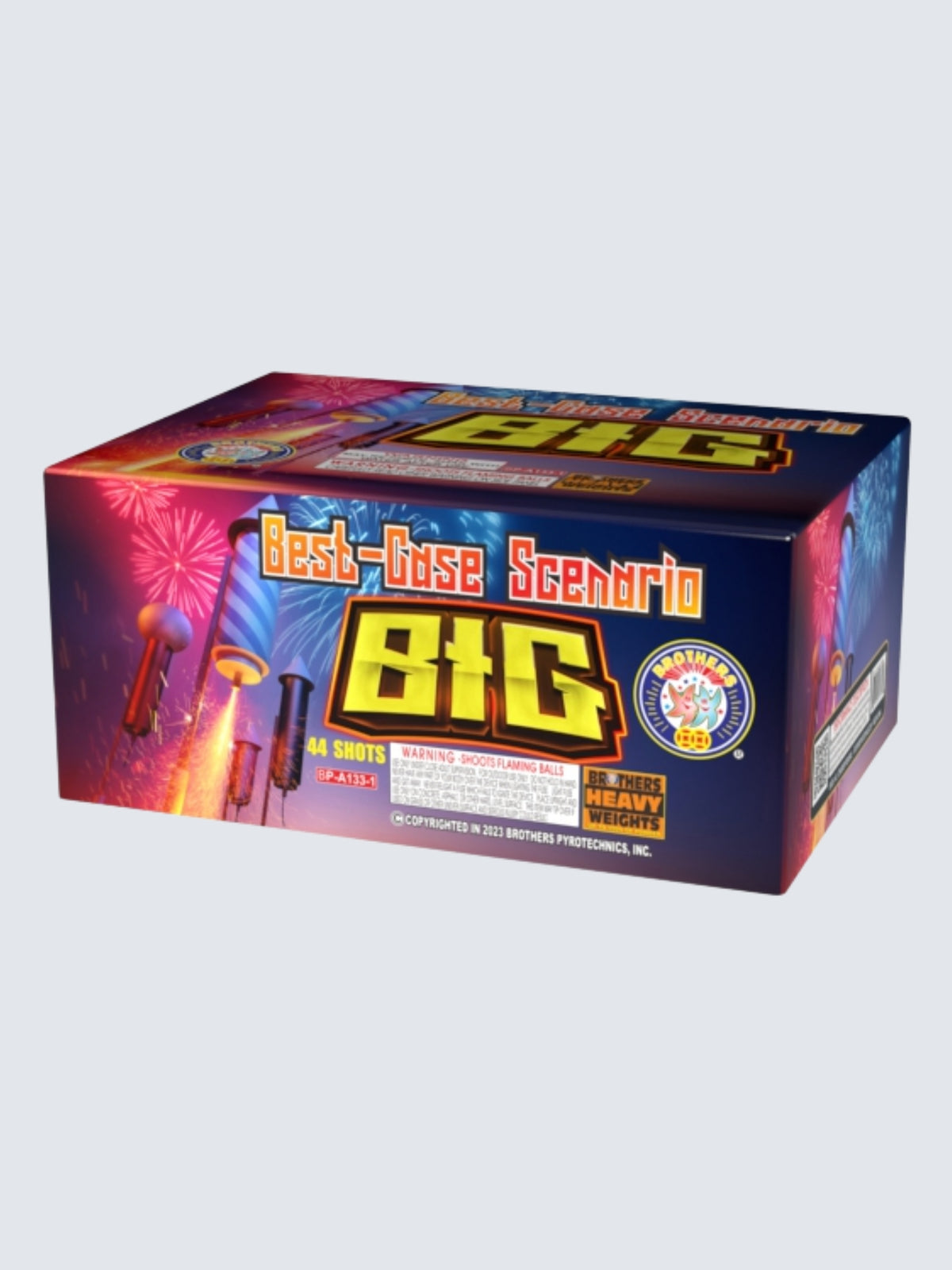 Best-Case Scenario Big 44-shot aerial repeater by Brothers Fireworks, featuring gold lettering and colorful fireworks on dark blue and red packaging.