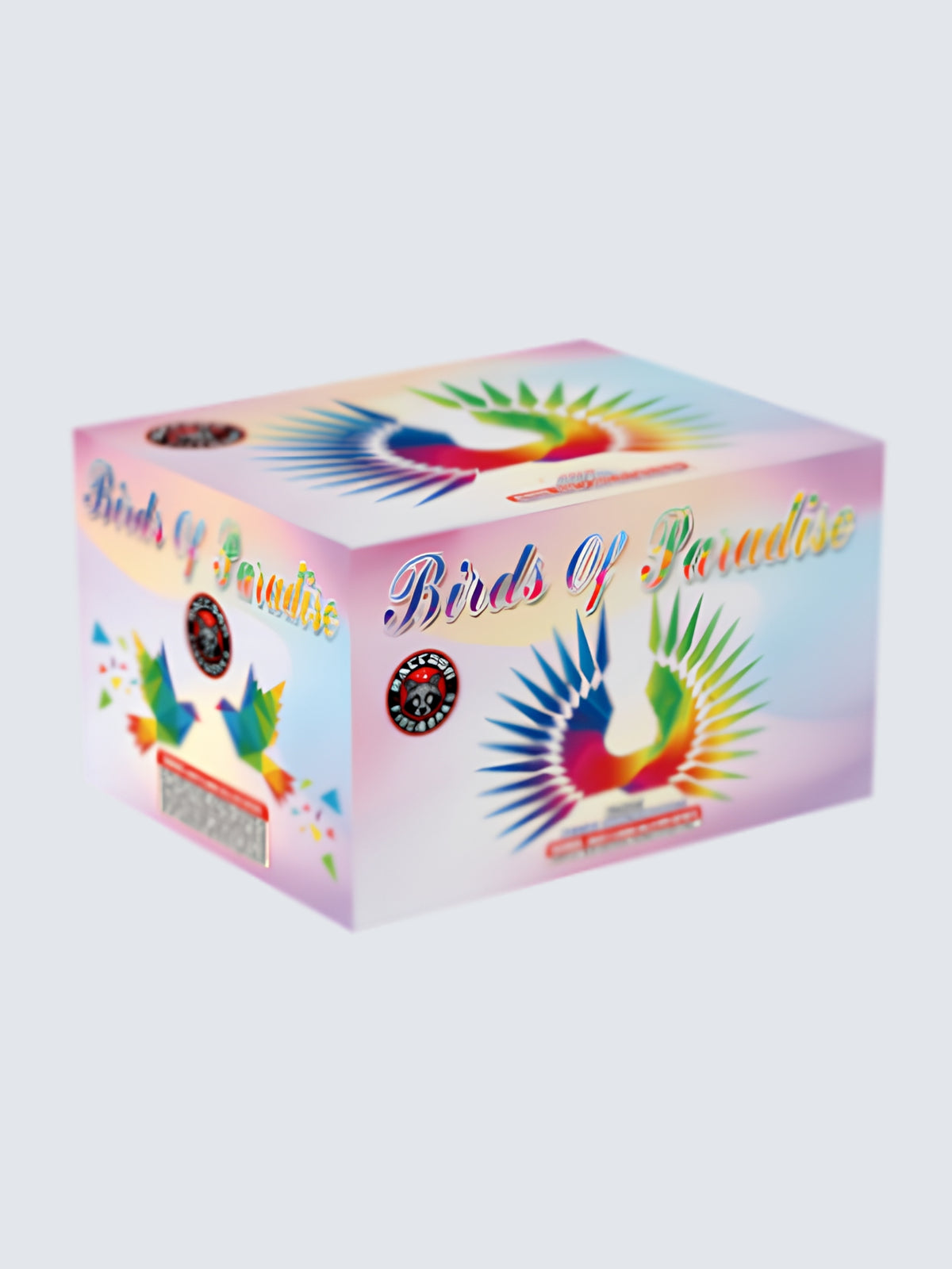 Birds of Paradise 42-shot aerial repeater with a rainbow bird symbol centered on a pink and blue cloudy sky.