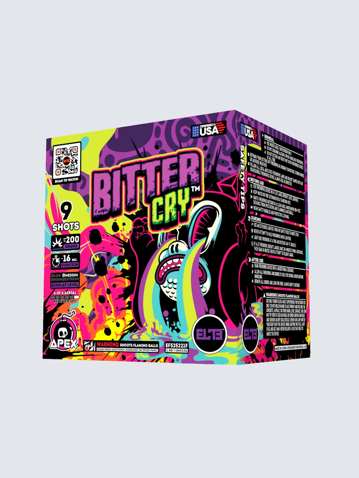 Bitter Cry 9-shot 200G aerial repeater fireworks cake with vibrant surreal cartoon box art