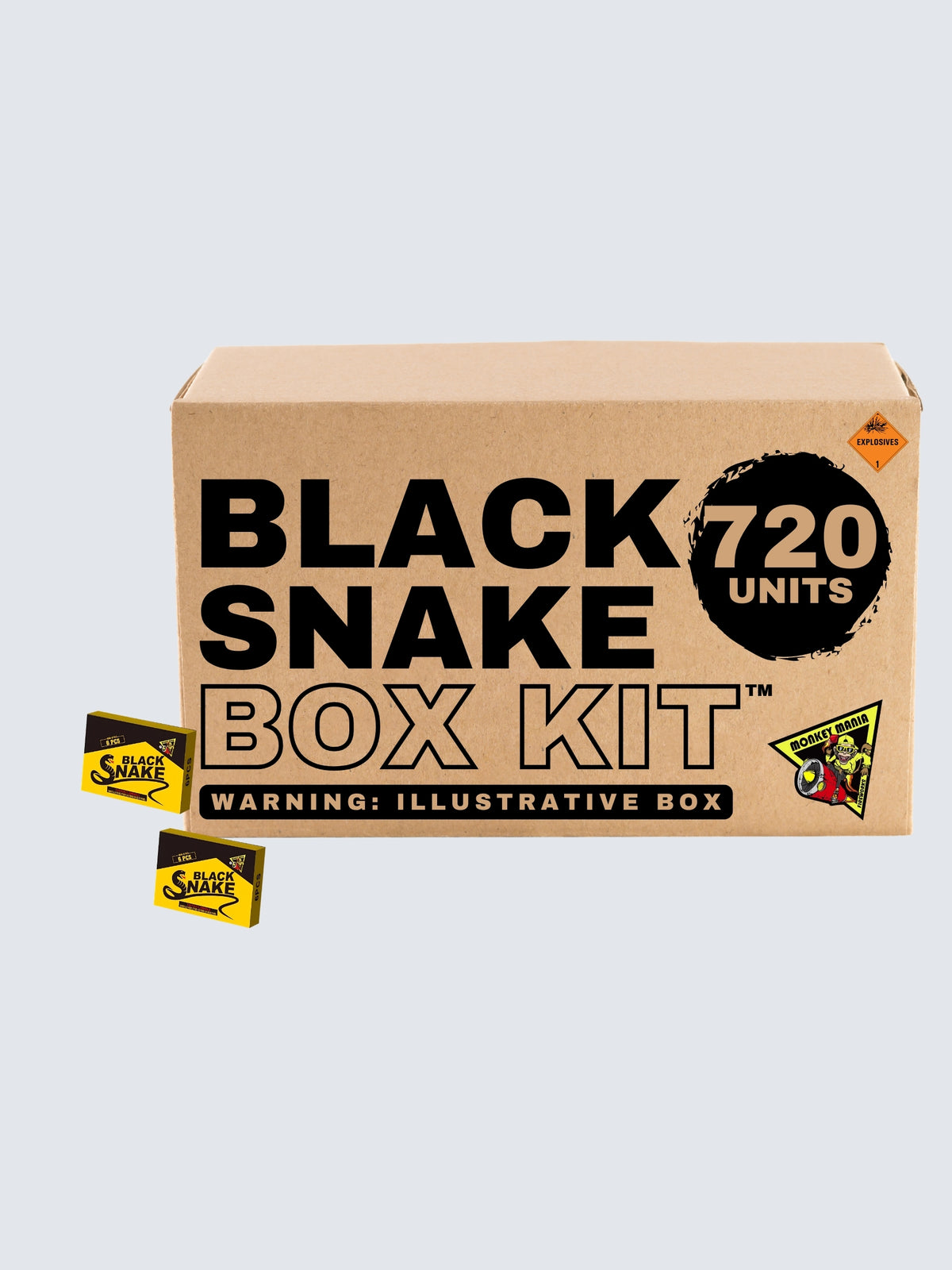 Black Snake novelty fireworks box kit by Monkey Mania, featuring 720 units with bold yellow and black packaging and cobra artwork.