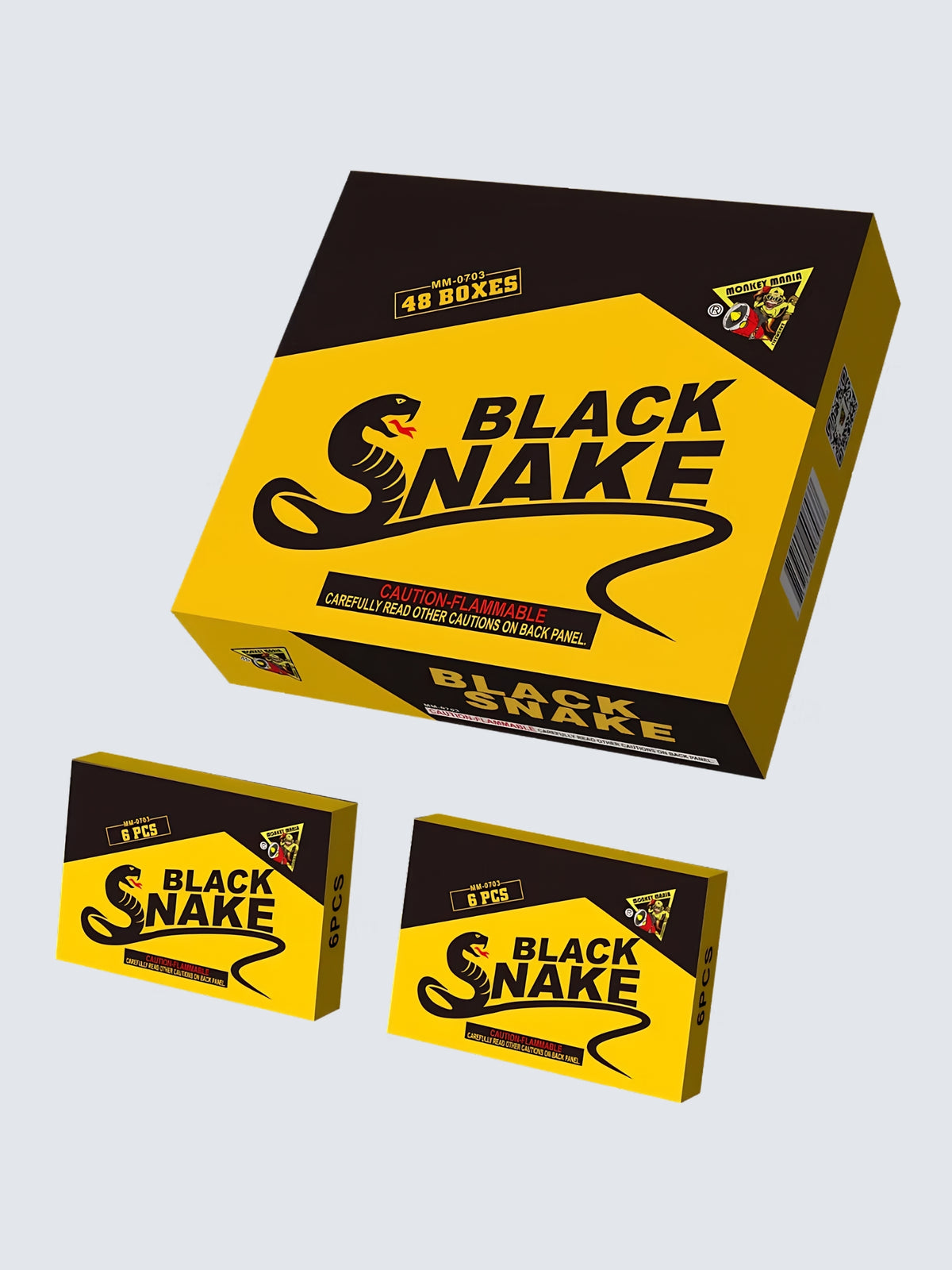 Black Snake novelty fireworks box kit by Monkey Mania, featuring 48 boxes of 6 pieces each with yellow and black cobra artwork.