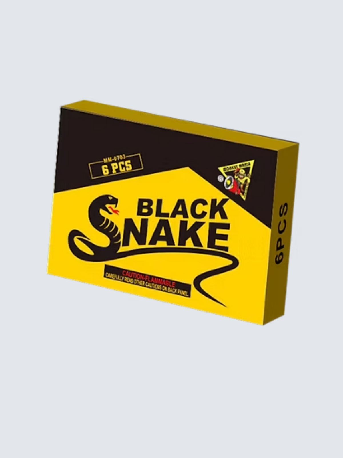 Black Snake 6-piece novelty fireworks by Monkey Mania, featuring bold yellow and black packaging with a striking cobra illustration.
