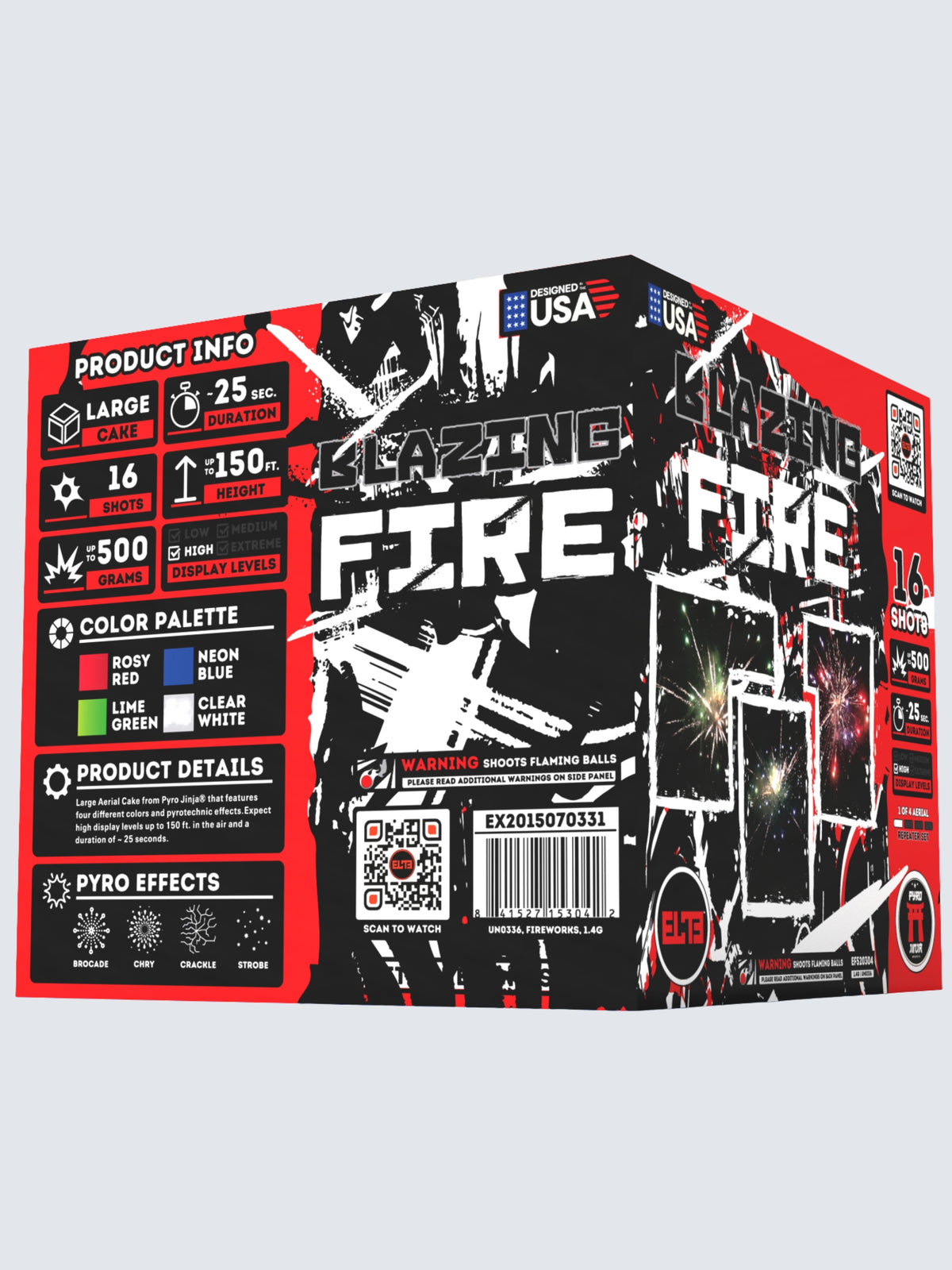 Unit of Blazing Fire large cake fireworks. Includes 20 shots, with red camo packaging.