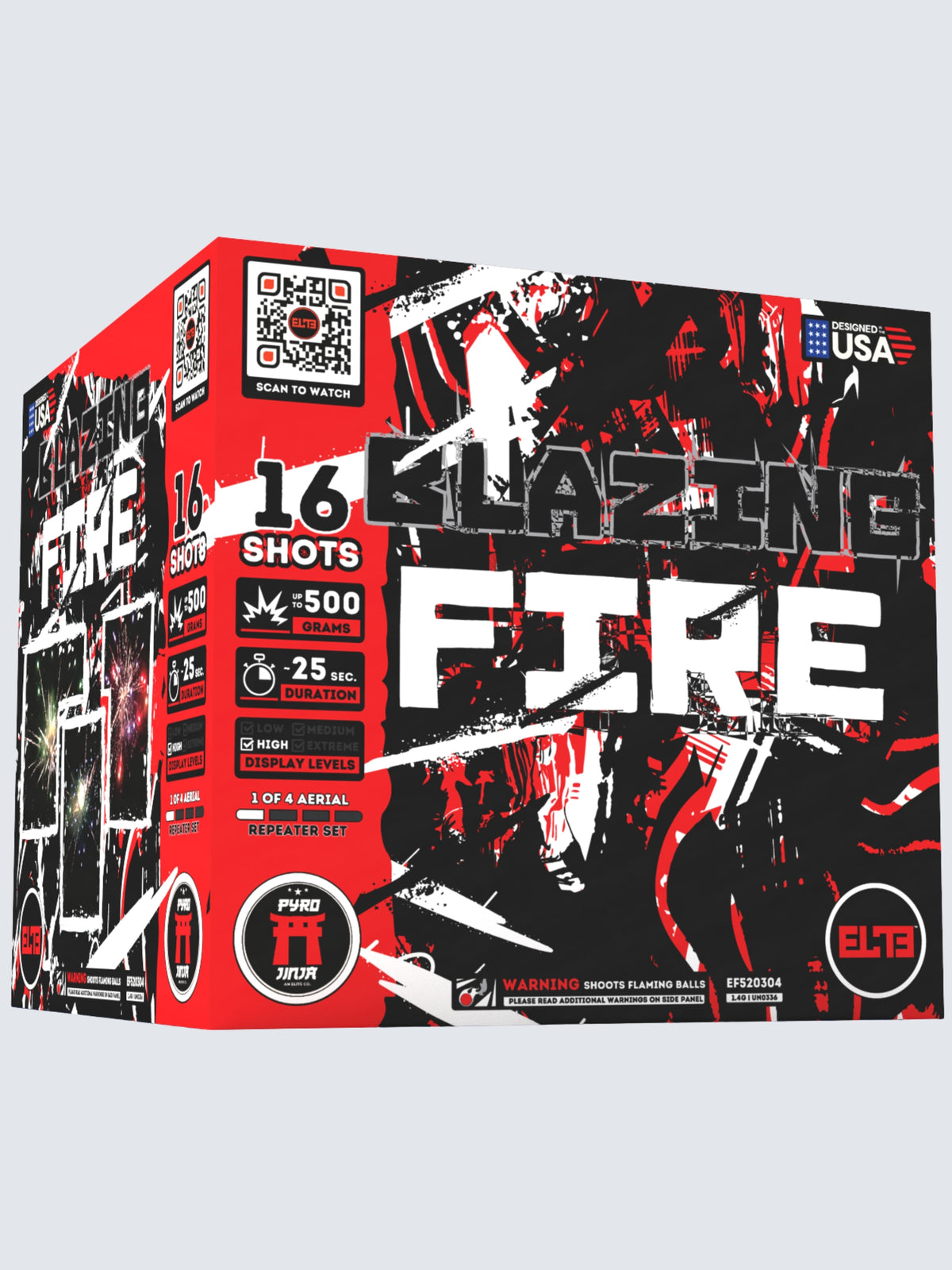 Unit of Blazing Fire large cake fireworks. Includes 20 shots, with red camo packaging.