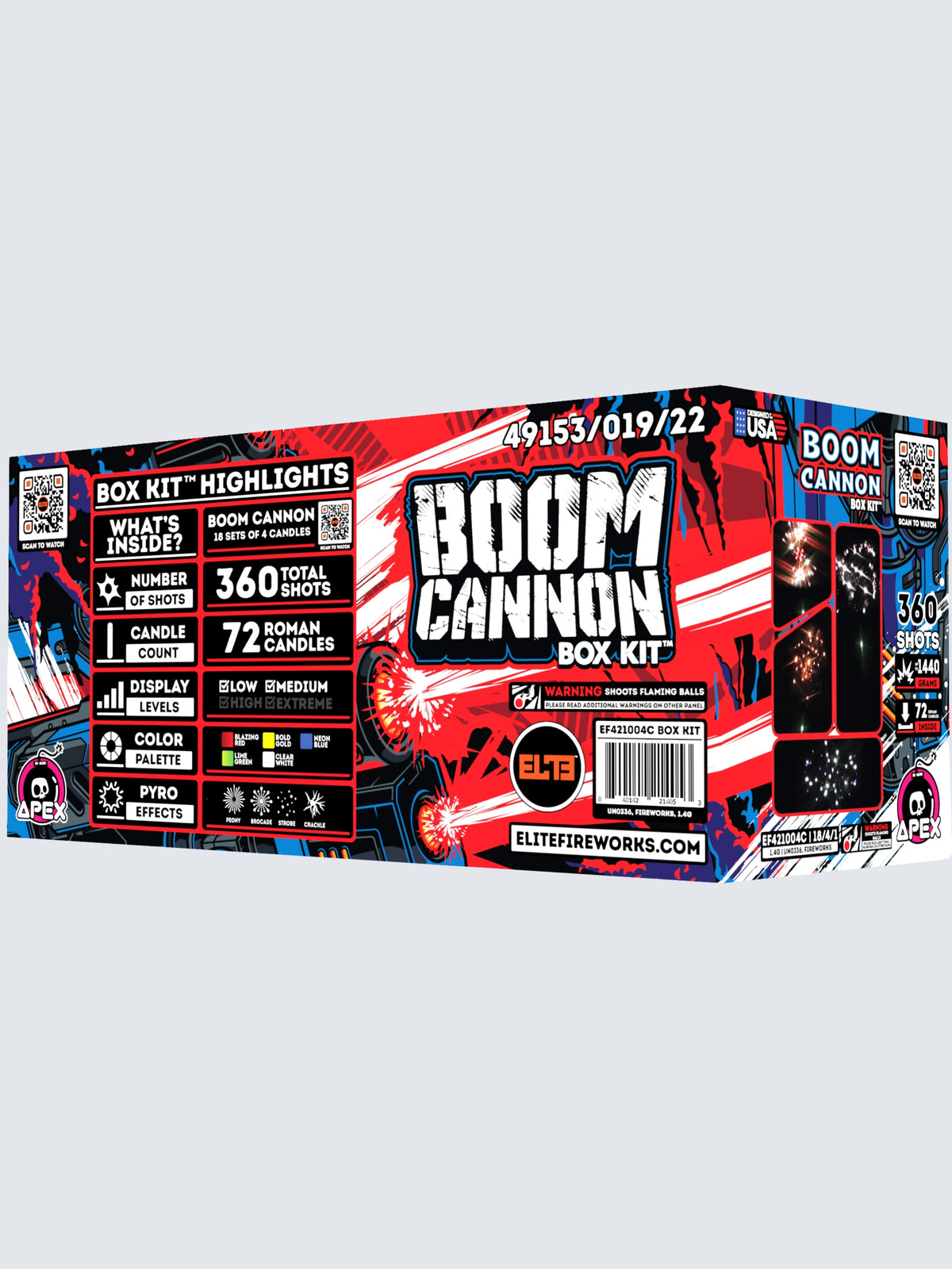 Unit of Boom Cannon, including 360 shots. Packaging shows Red lasers.