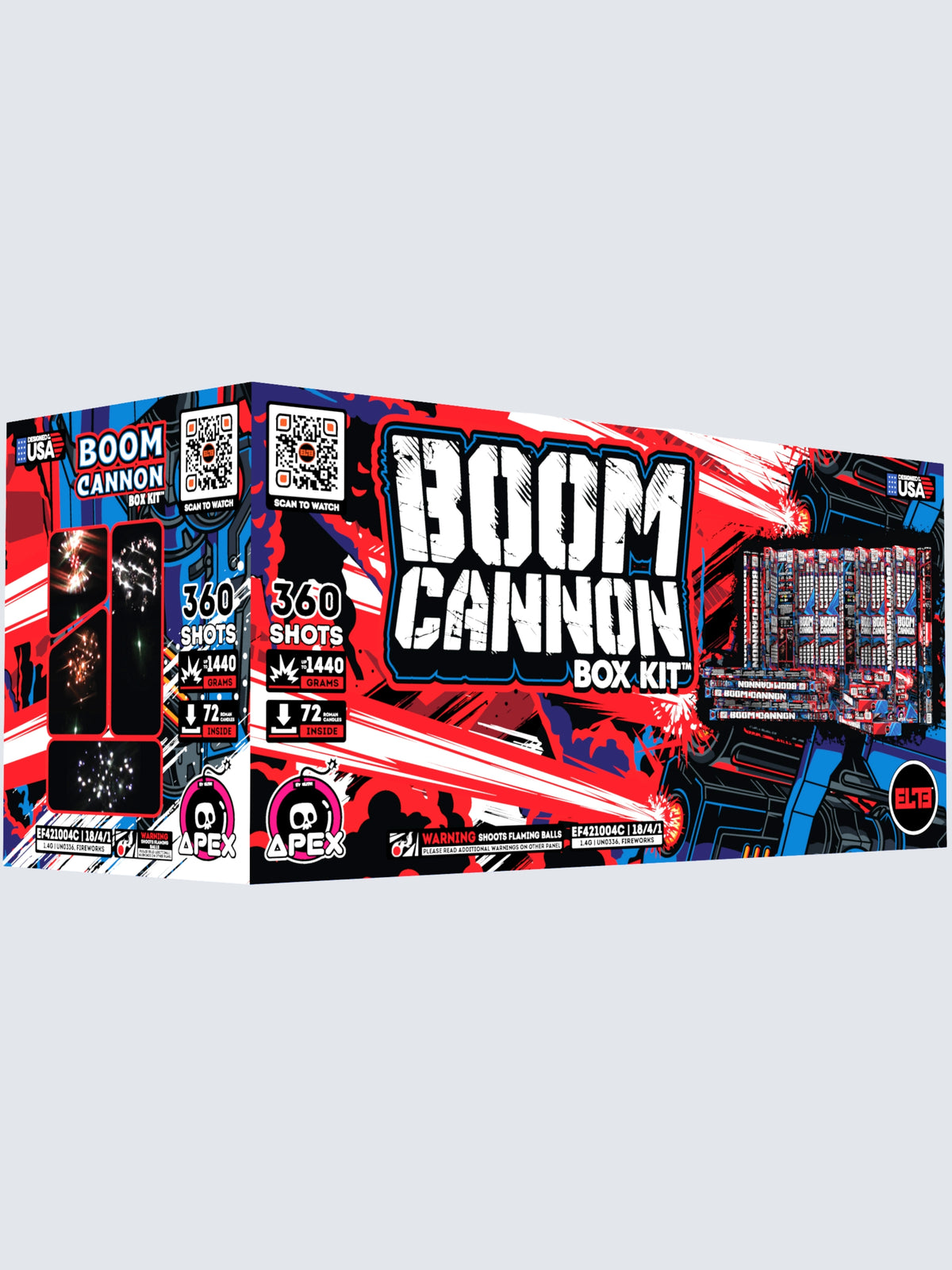 Unit of Boom Cannon, including 360 shots. Packaging shows Red lasers.