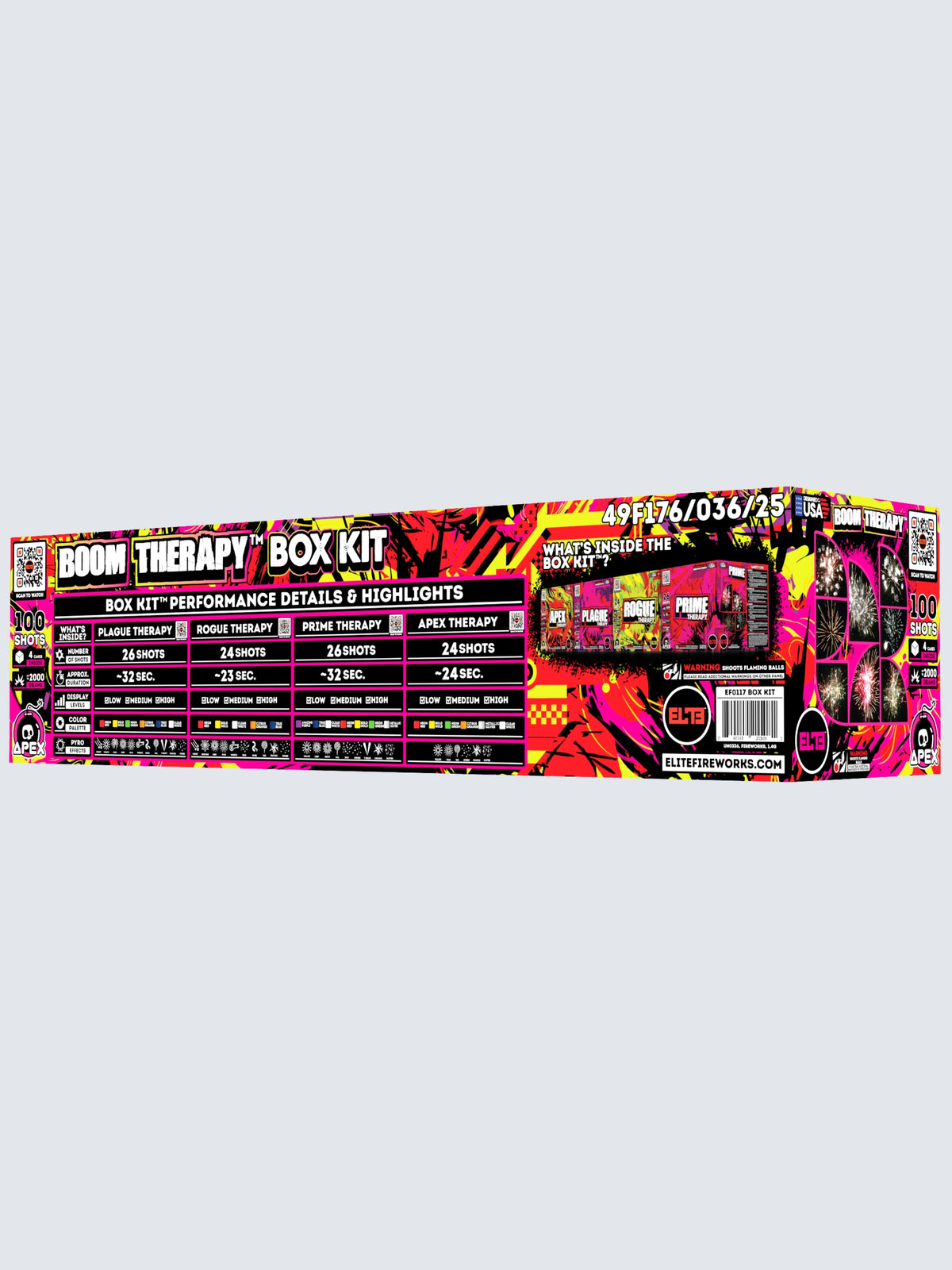 Box kit of Boom Therapy large cake fireworks assortment including 100 shots. Packaging shows splashes of extreme color.