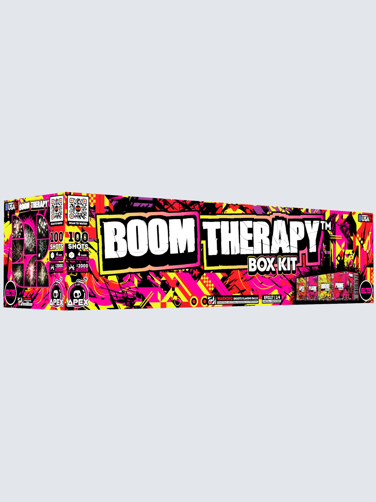 Box kit of Boom Therapy large cake fireworks assortment including 100 shots. Packaging shows splashes of extreme color.