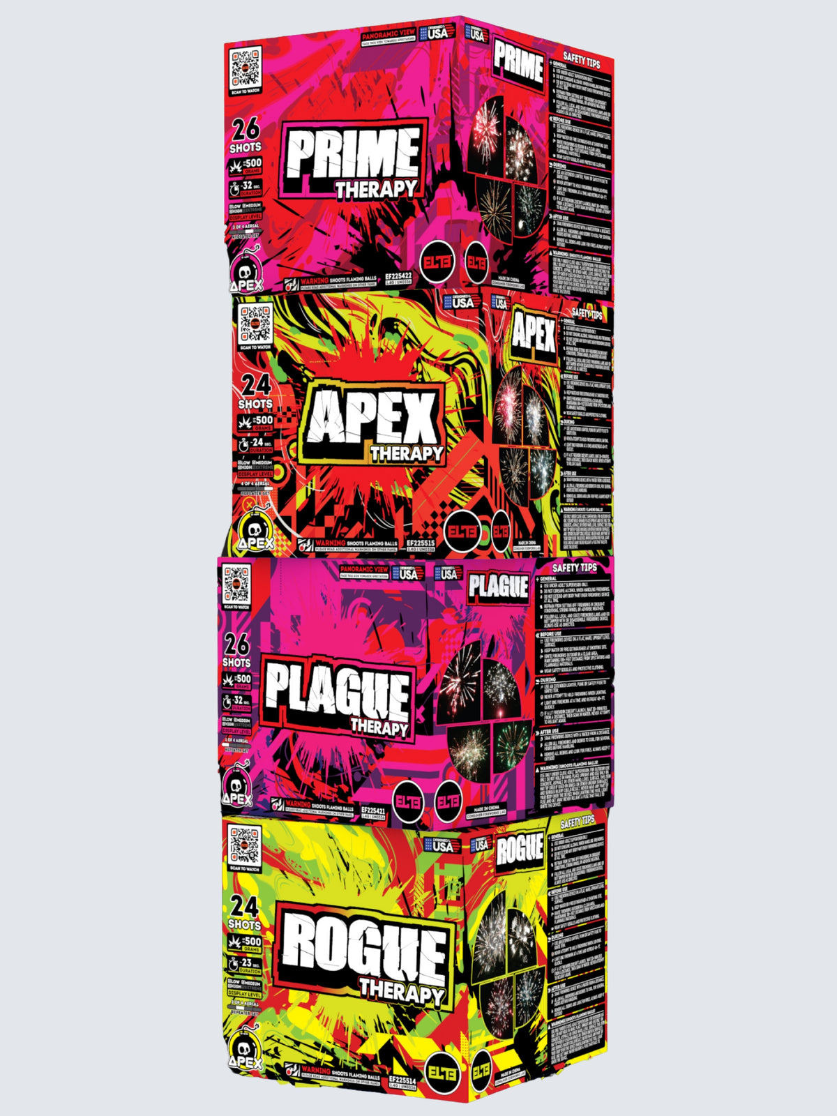 Variant units of Boom Therapy large cake fireworks assortment. Includes Prime, Apex, Plague, and Rogue Therapy.