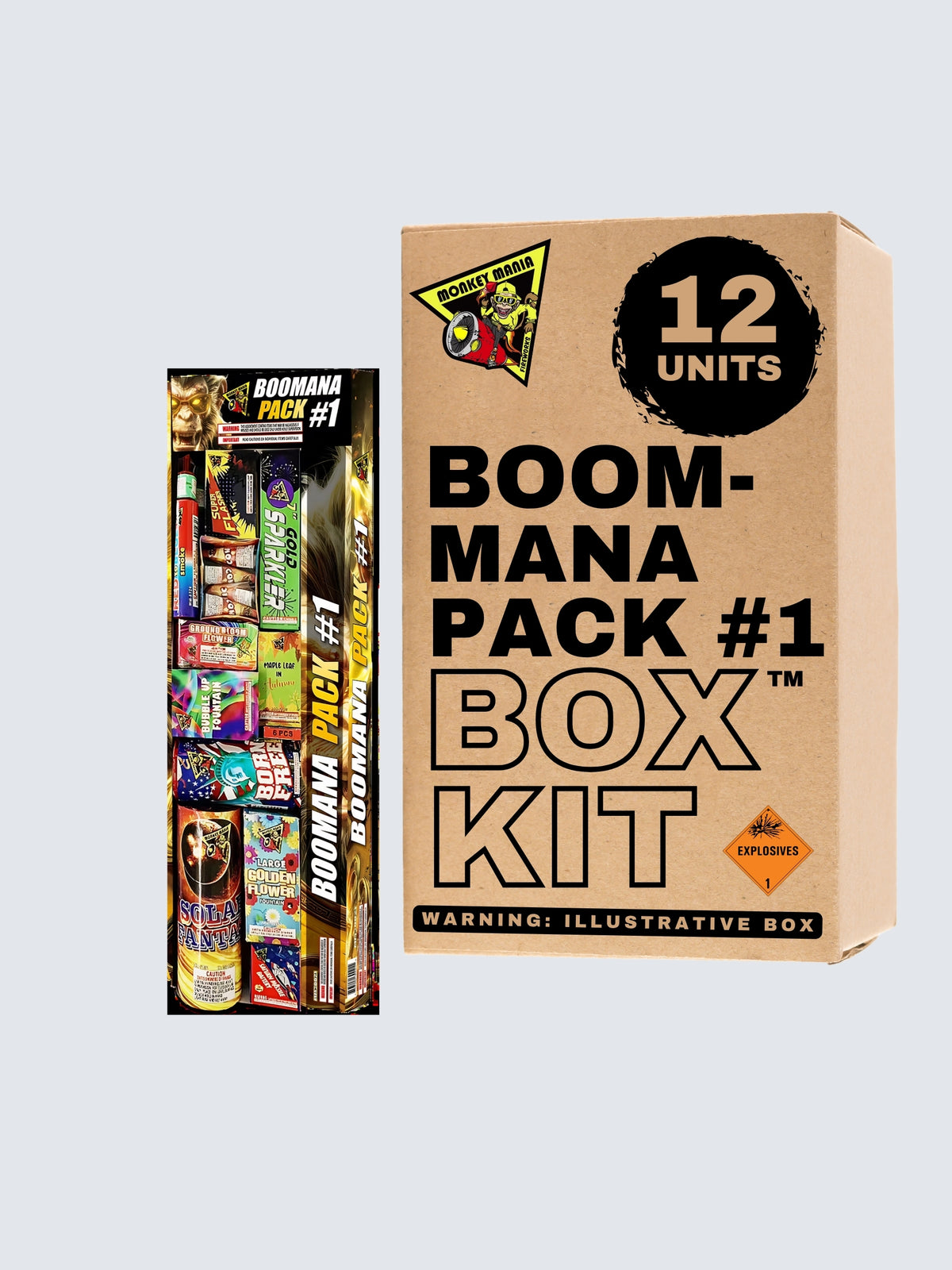 Boomana Pack #1 fireworks assortment box kit featuring 12 units with fountains, sparklers, and assorted novelty fireworks.