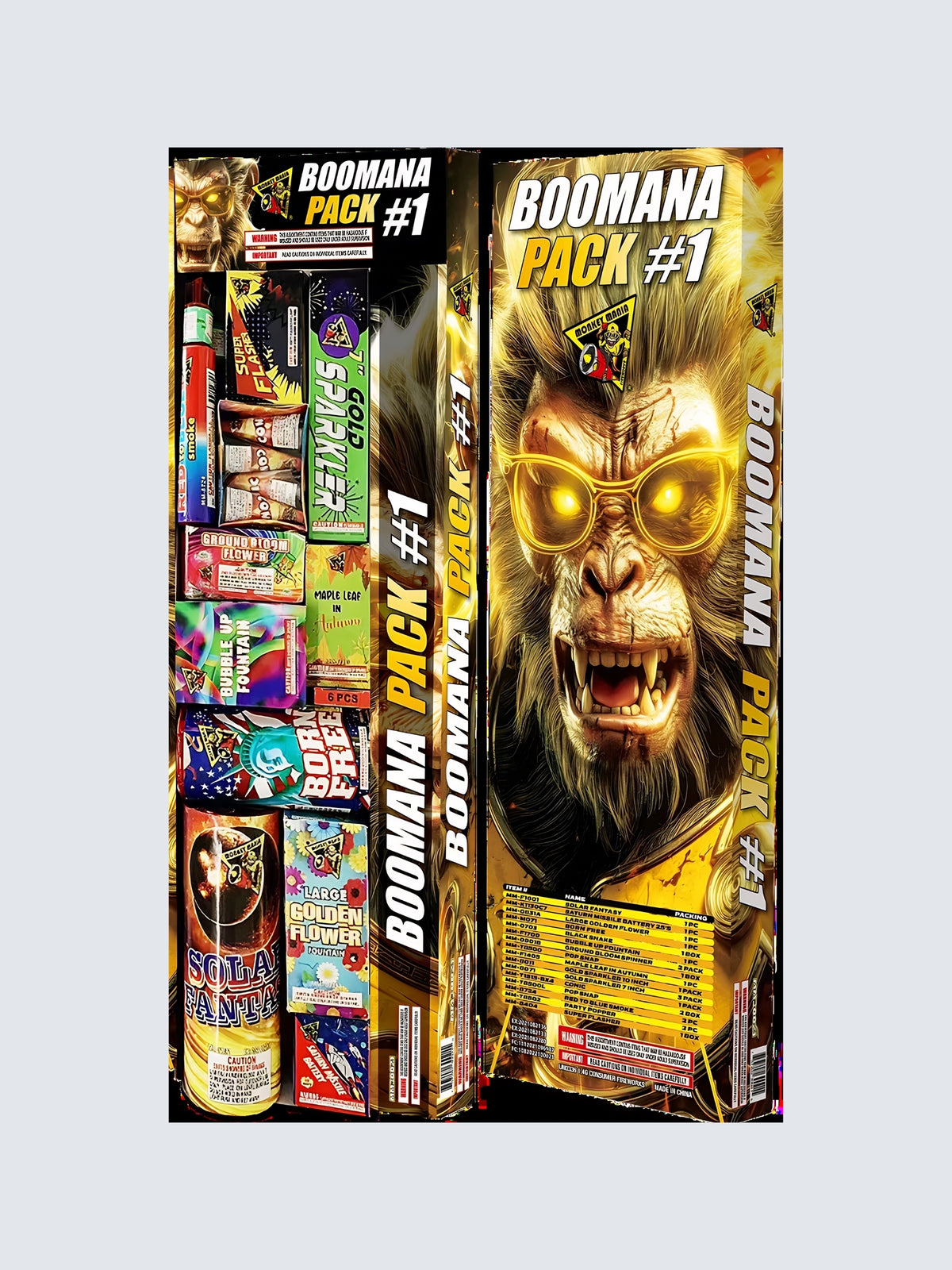 Boomana Pack #1 fireworks assortment featuring fountains, sparklers, novelties, and colorful fireworks with fierce monkey artwork.