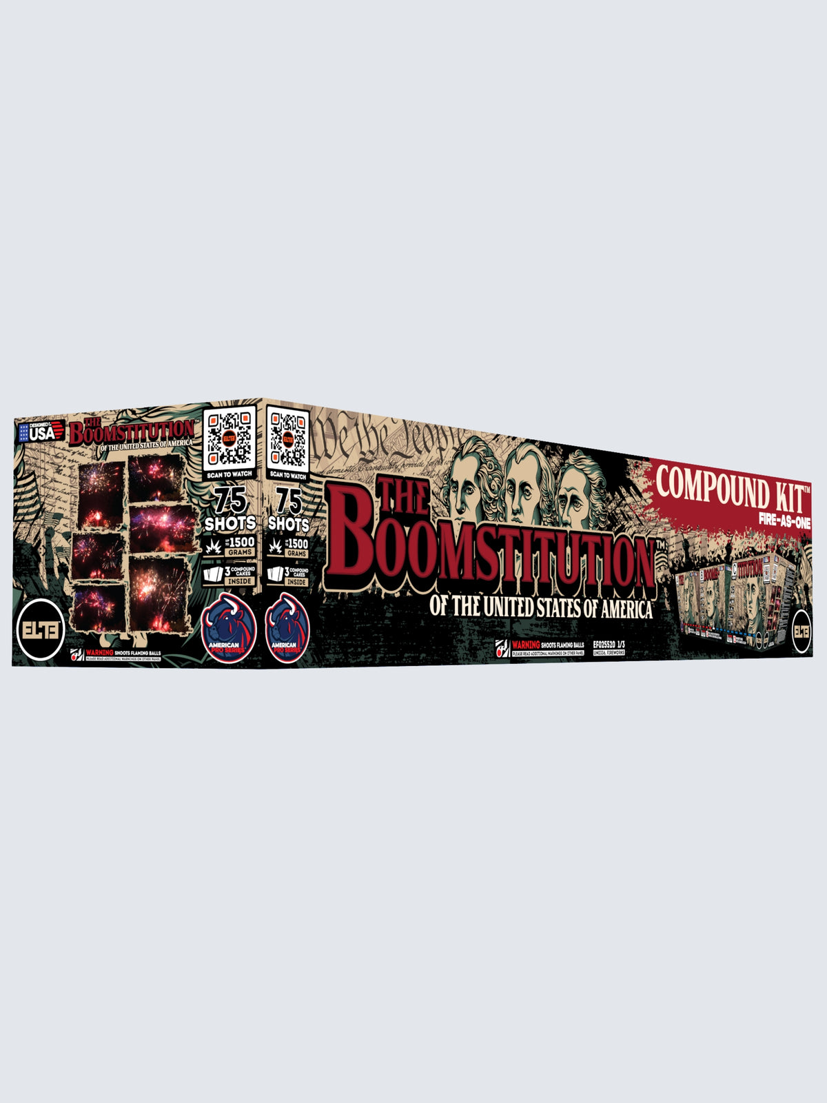 Box kit of Boomstitution compound cake fireworks. Includes 75 shots, with old fashioned art work.