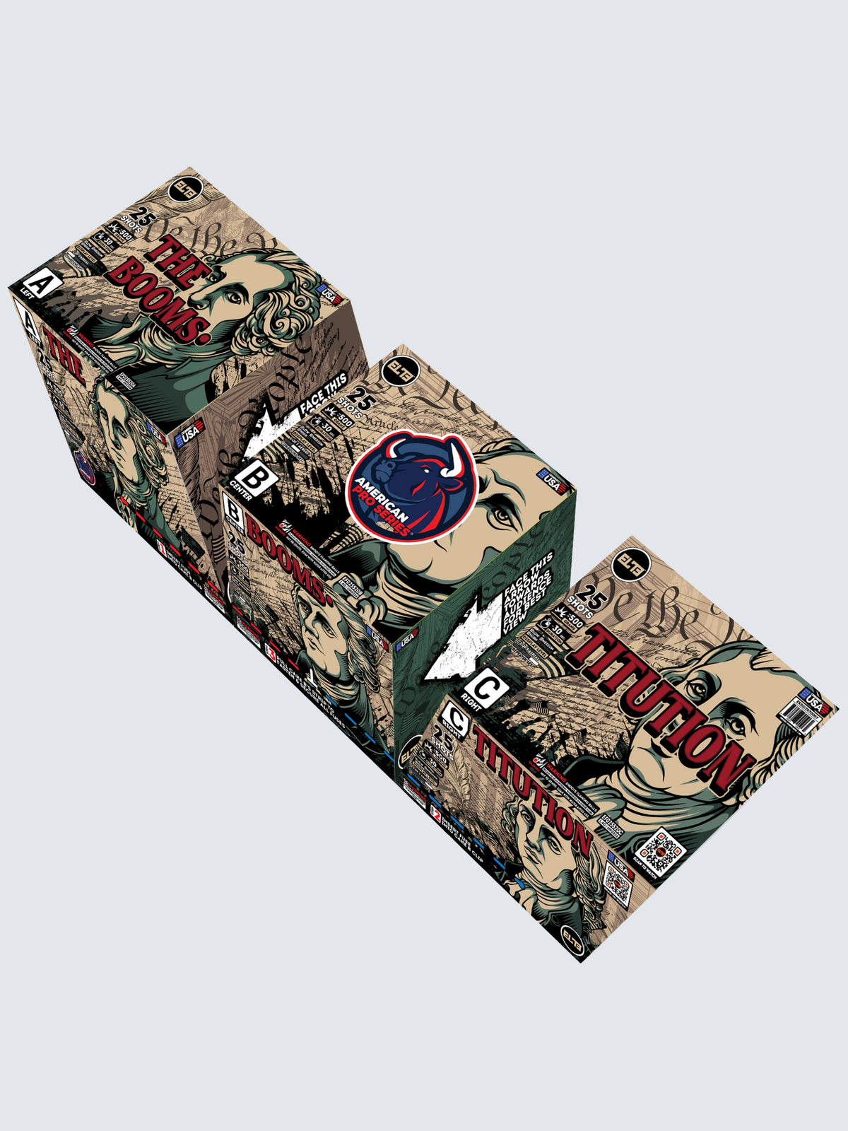 Units of the Boomstitution compound cake fireworks. Package shows old fashioned artwork.