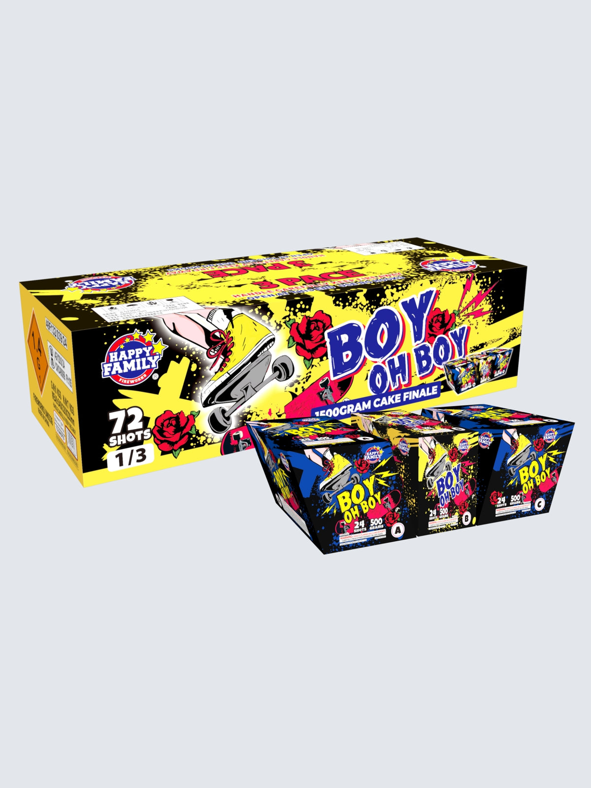 Boy Oh Boy 72 Shot Aerial Repeater by Happy Family Fireworks, featuring three 24-shot cakes with roses and gun artwork.