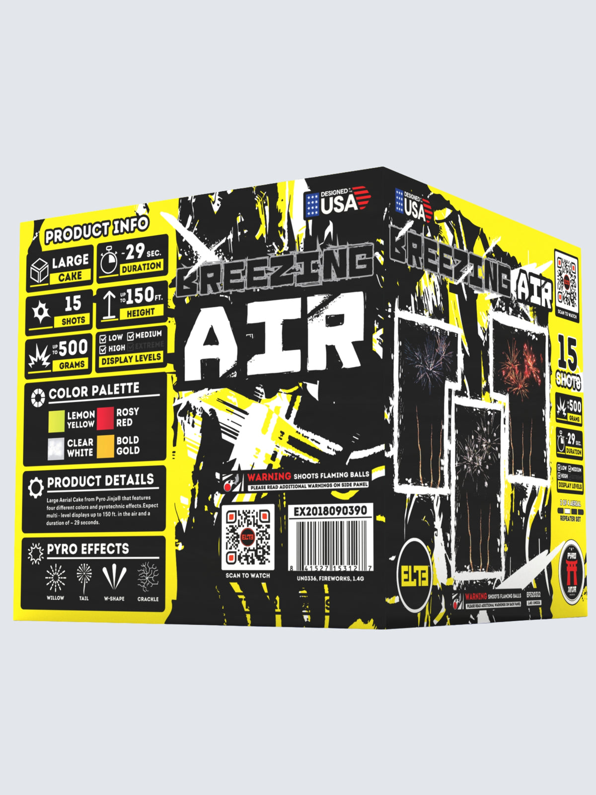 Unit of Breezing Air large cake fireworks. Includes 20 shots, with yellow camo packaging.