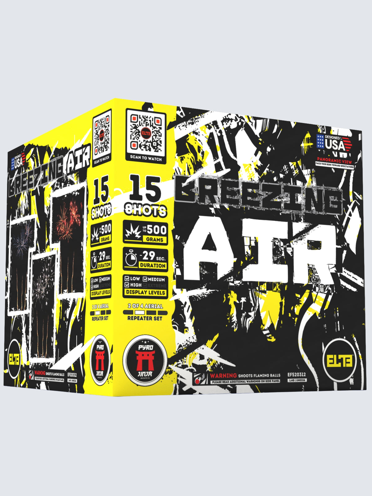 Unit of Breezing Air large cake fireworks. Includes 20 shots, with yellow camo packaging.
