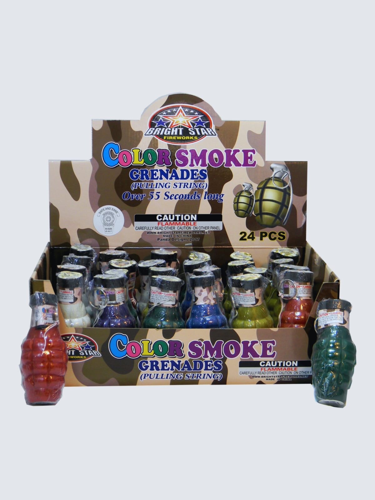 Color Smoke Grenades by Bright Star Fireworks, 24-piece display with multicolored grenade-shaped smoke novelties and camouflage packaging.