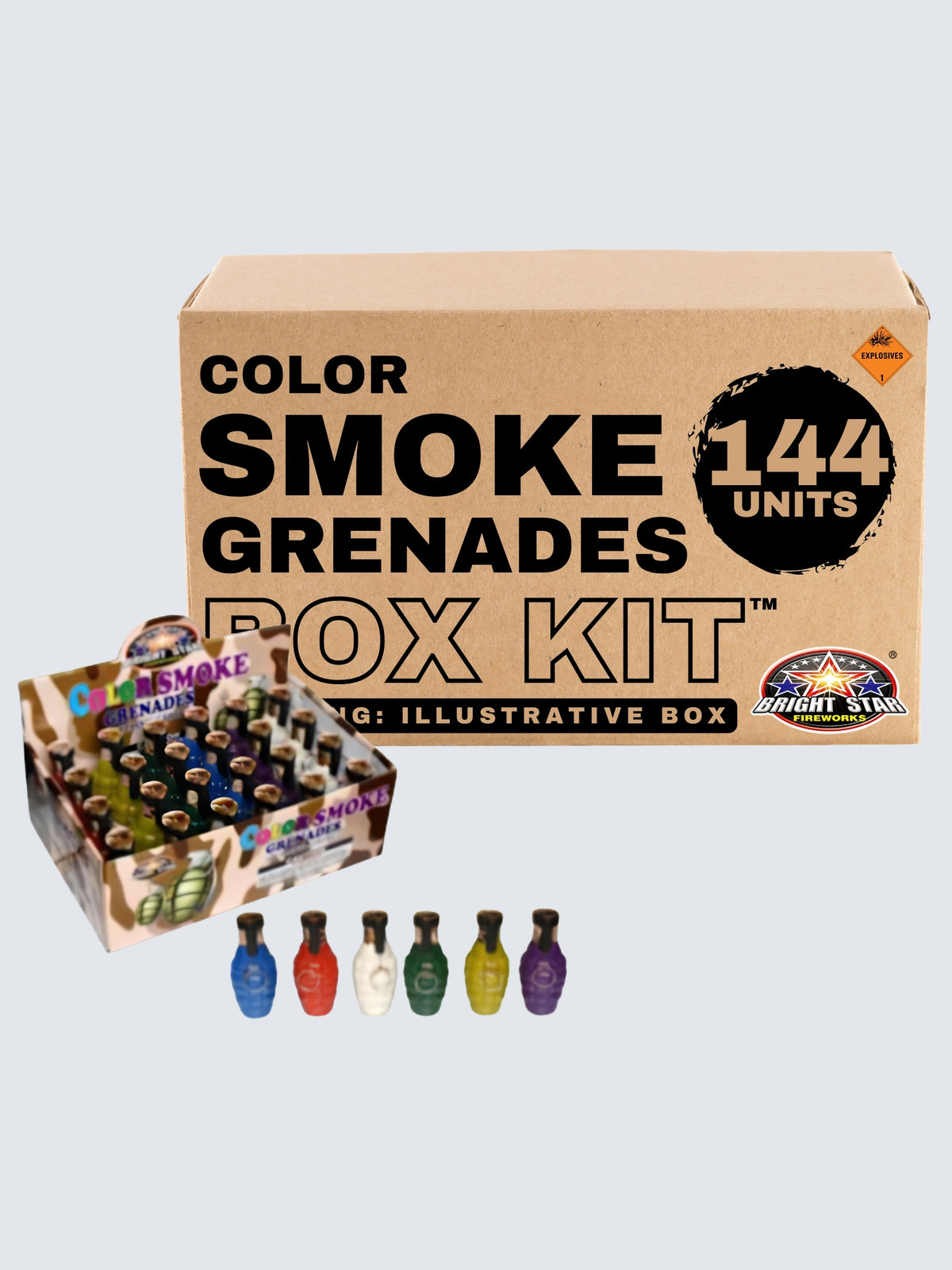 Color Smoke Grenades box kit by Bright Star Fireworks with 144 units, multicolored grenade-shaped smoke novelties, and camouflage display packaging.