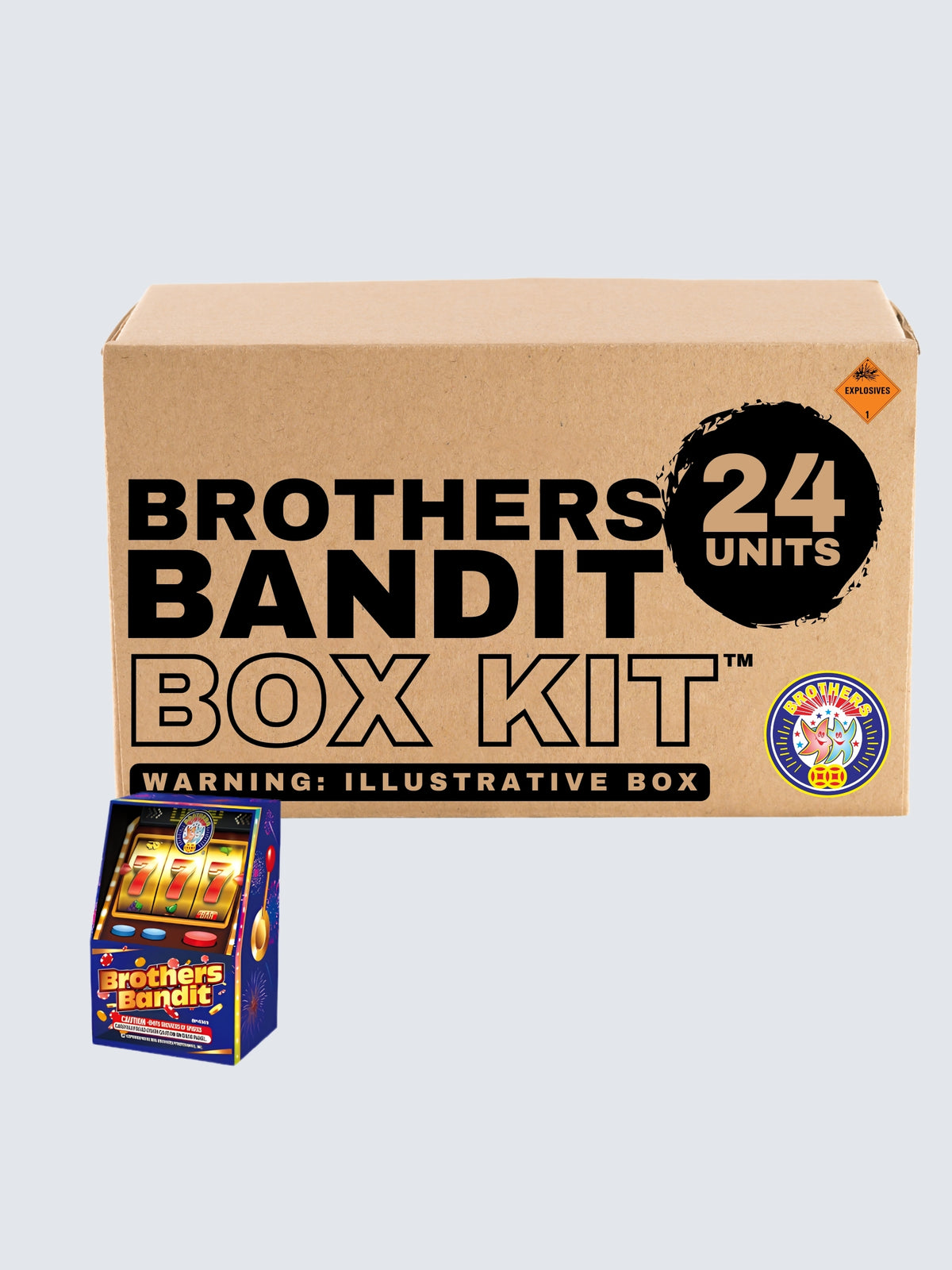 Brothers Bandit large shower fountain box kit by Brothers Fireworks, featuring 24 units with colorful slot machine artwork and golden 777 symbols.