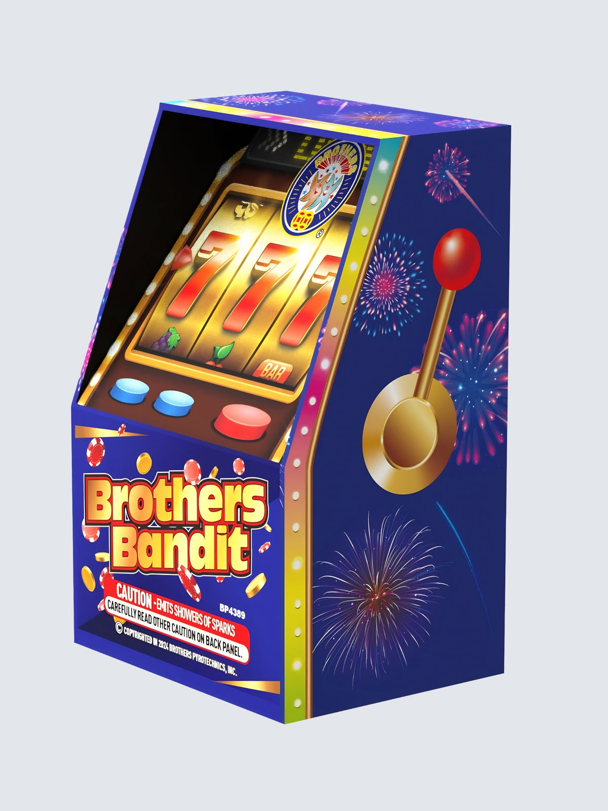 Brothers Bandit large shower fountain by Brothers Fireworks, featuring slot machine packaging with golden 777 symbols and colorful fireworks.