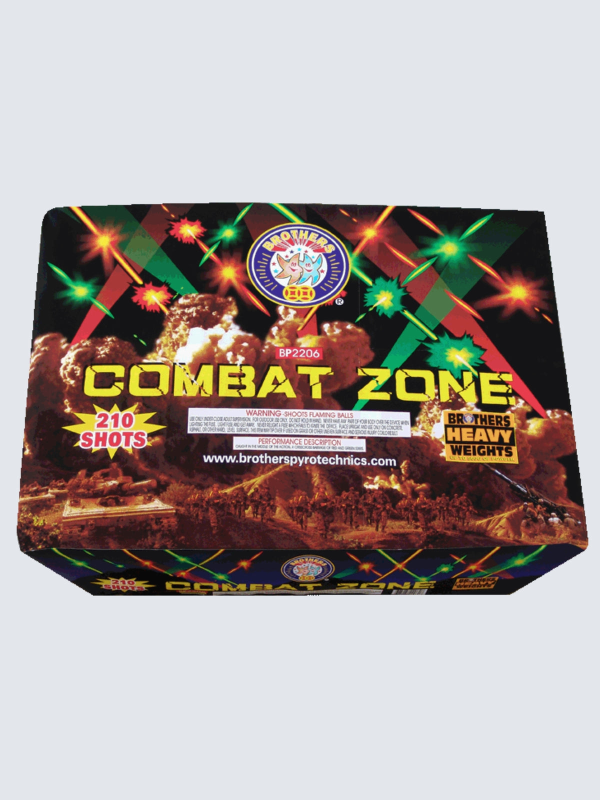 Brothers Fireworks Combat Zone 210-shot aerial repeater with packaging showing sky explosions and a military force.