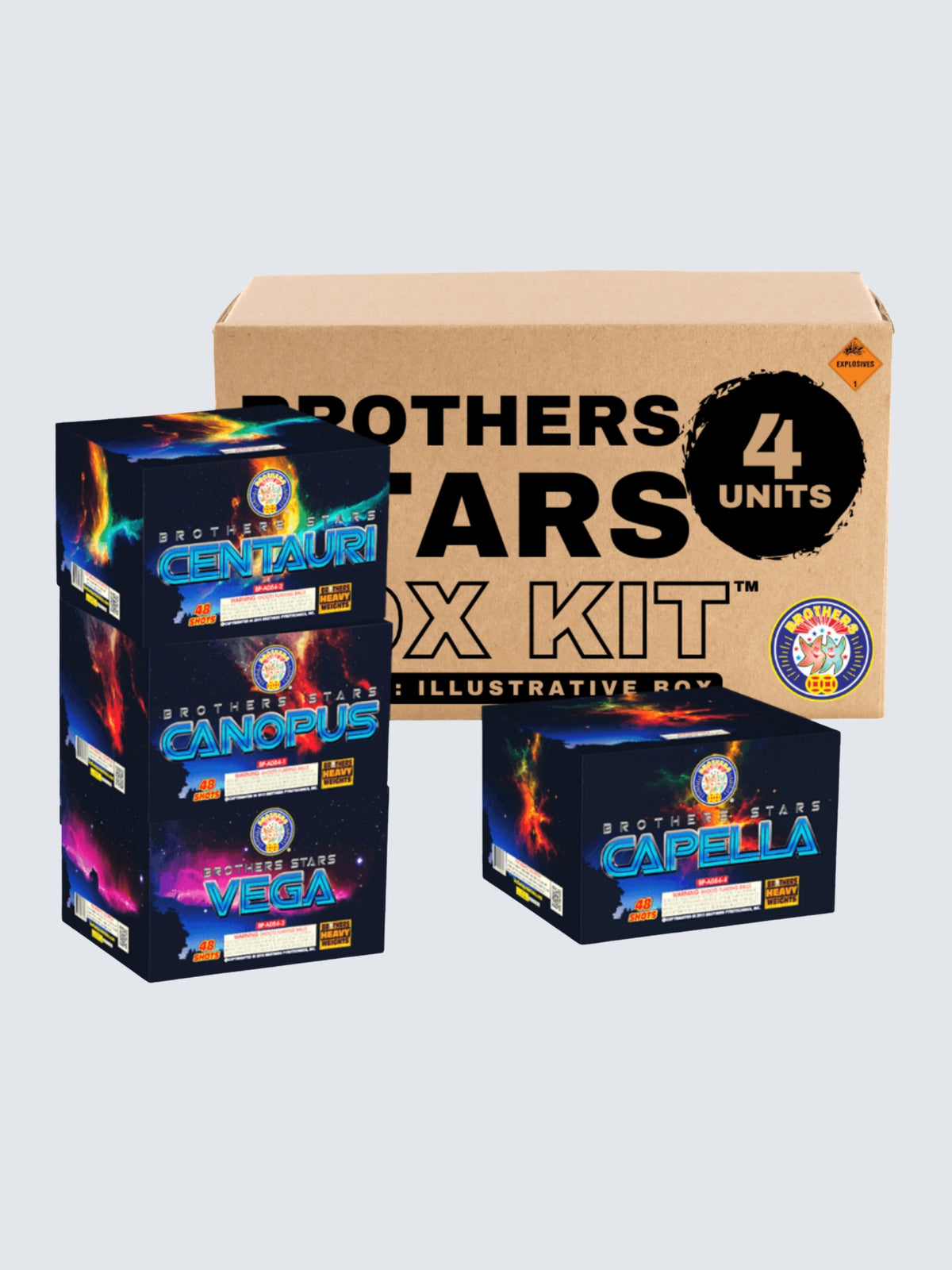 Brothers Stars 4-Unit Box Kit by Brothers Fireworks featuring Centauri, Canopus, Vega and Capella 48-shot aerial cakes.