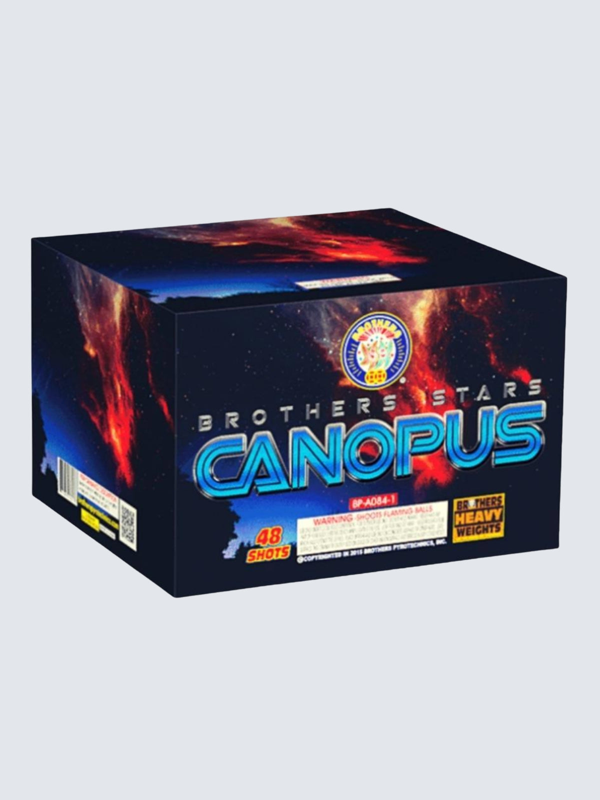 Canopus 48-Shot aerial fireworks cake by Brothers Fireworks with deep-space galaxy artwork and bold blue metallic lettering.