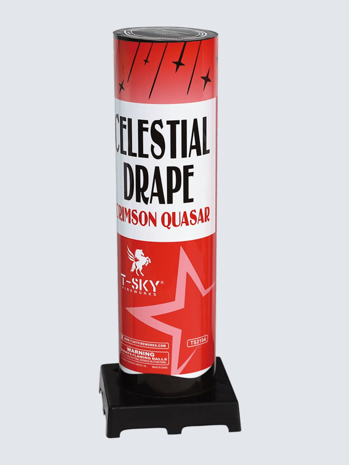 Unit of Celestial Drape Crimson Quasar firework cake. The packaging is tube shaped and features red star patterns.